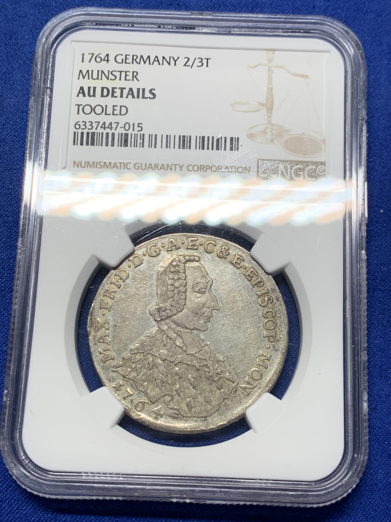 《竞宝斋》第287场-周六， 周日，周一 3场连拍 （全场包邮） NGC AU 德国 1764 明斯特主教区 柯尼塞克 2/3泰勒银币 稀少品种 该年份银币最大面值