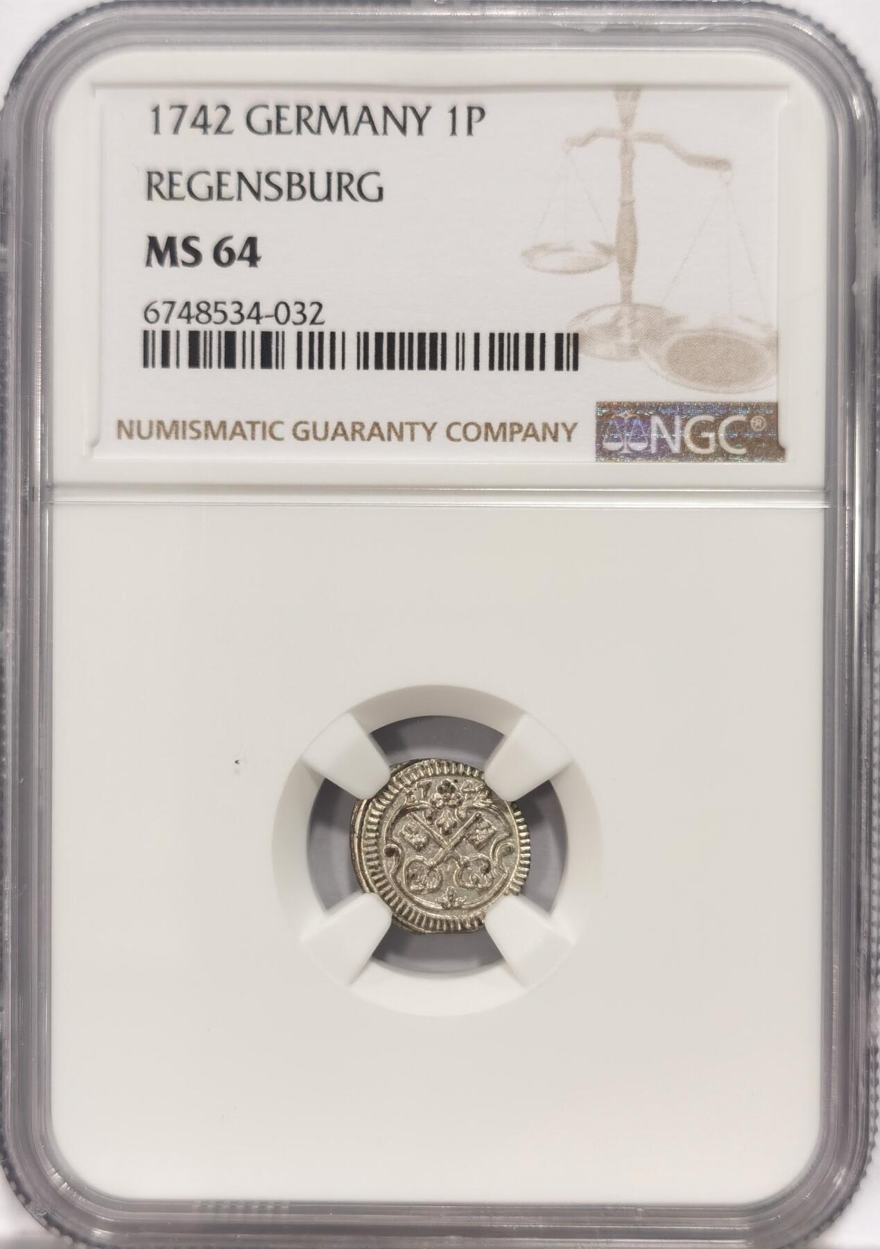 博洋堂世界钱币拍卖第084期（全场包邮） NGC MS64 亚军分！德国雷根斯堡1742年双钥匙1芬尼小银币