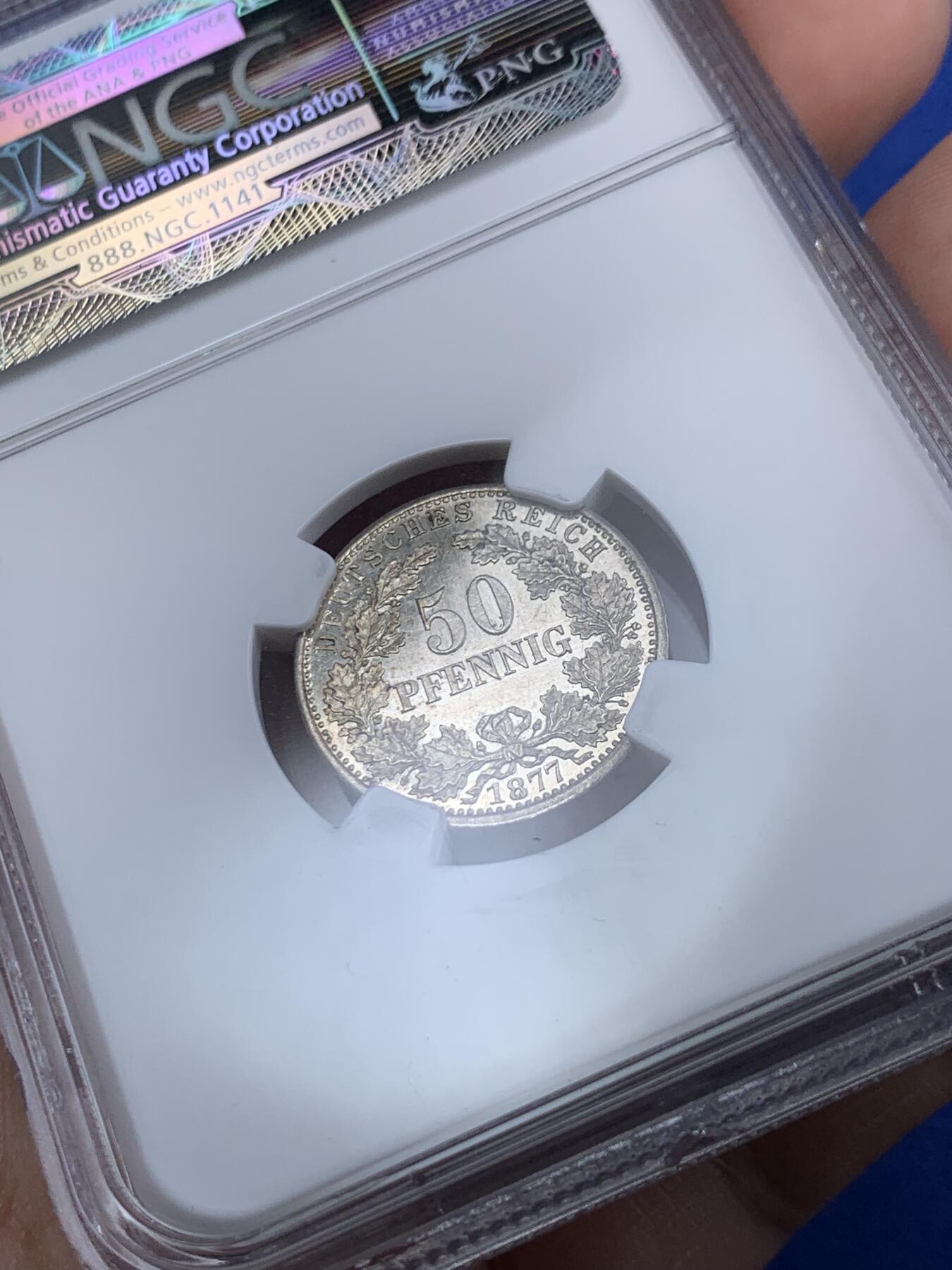 《竞宝斋》第287场-周六， 周日，周一 3场连拍 （全场包邮） NGC MS64 1877D 德意志第二帝国短翅鹰50芬尼花环银币 类镜面底板，观赏感十足，名誉品种。