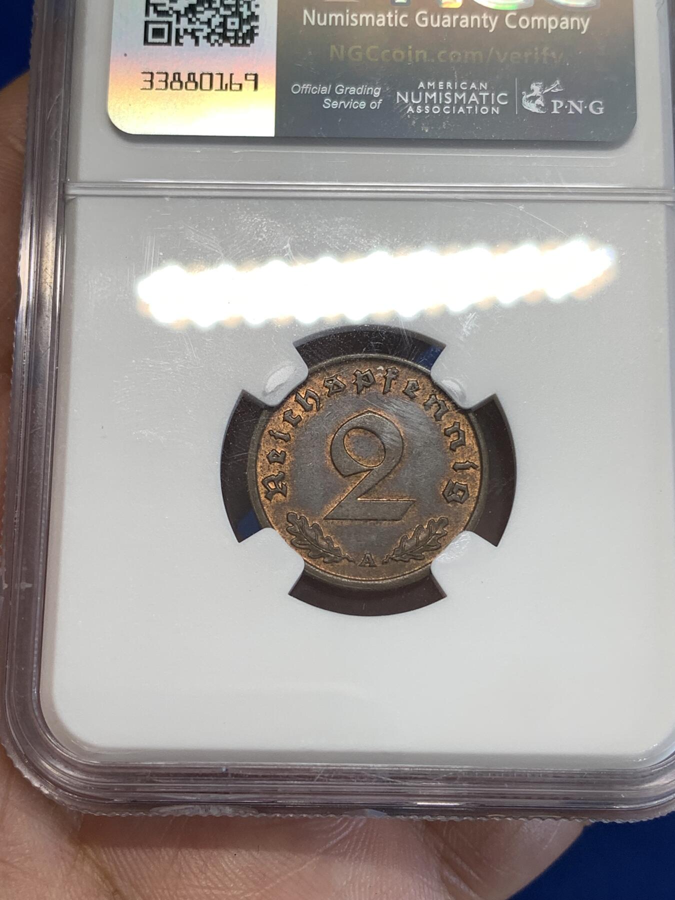 《竞宝斋》第287场-周六， 周日，周一 3场连拍 （全场包邮） NGC MS62BN 德国1938年A厂2芬尼