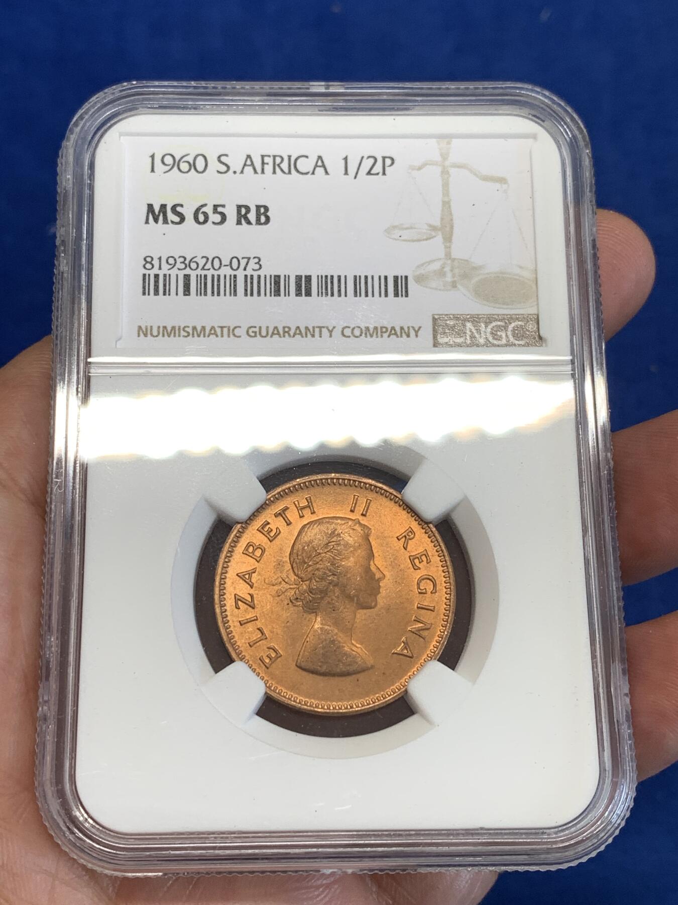 《竞宝斋》第287场-周六， 周日，周一 3场连拍 （全场包邮） NGC MS65RB 英属南非1960年伊丽莎白二世半便士铜币