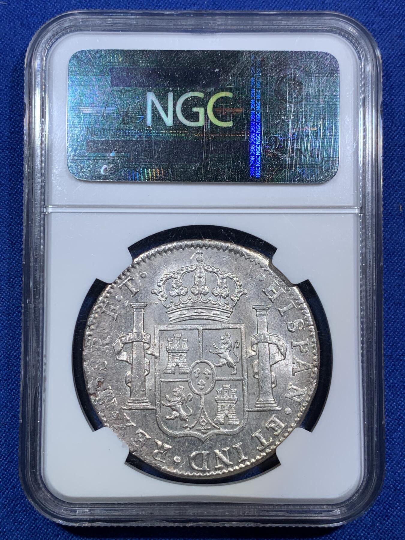 《竞宝斋》第287场-周六， 周日，周一 3场连拍 （全场包邮） NGC MS63 西属墨西哥 1803 MO FT 卡四 双柱 8瑞尔 大银币 状态靓丽