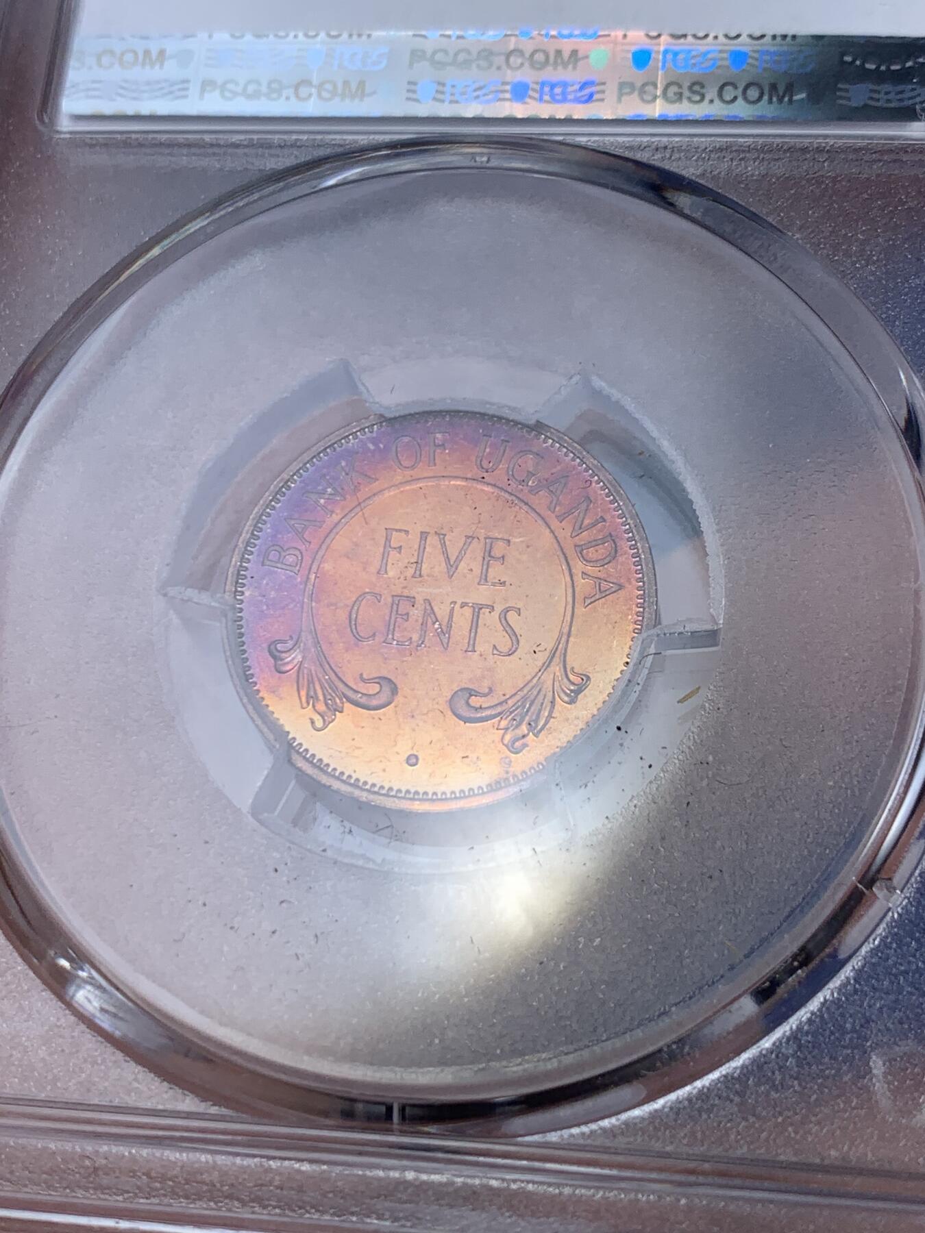 《竞宝斋》第287场-周六， 周日，周一 3场连拍 （全场包邮） PCGS金盾 PR65RB 乌干达1966年首年5分精制铜币