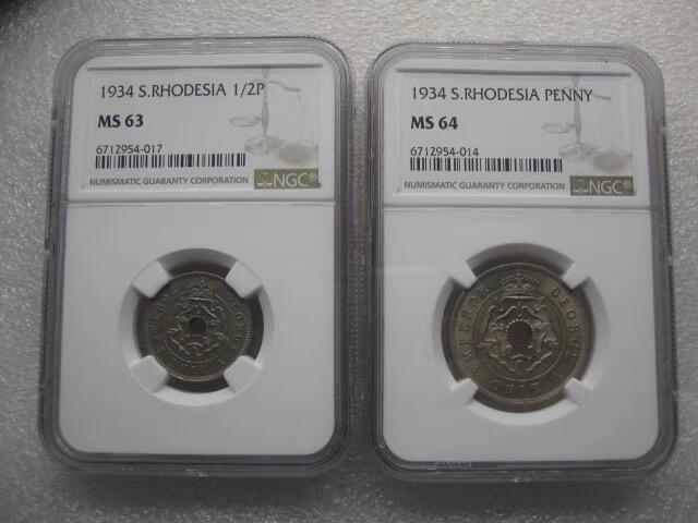 NGC-MS63-64英属南罗德西亚1934年1/2,1便士一对