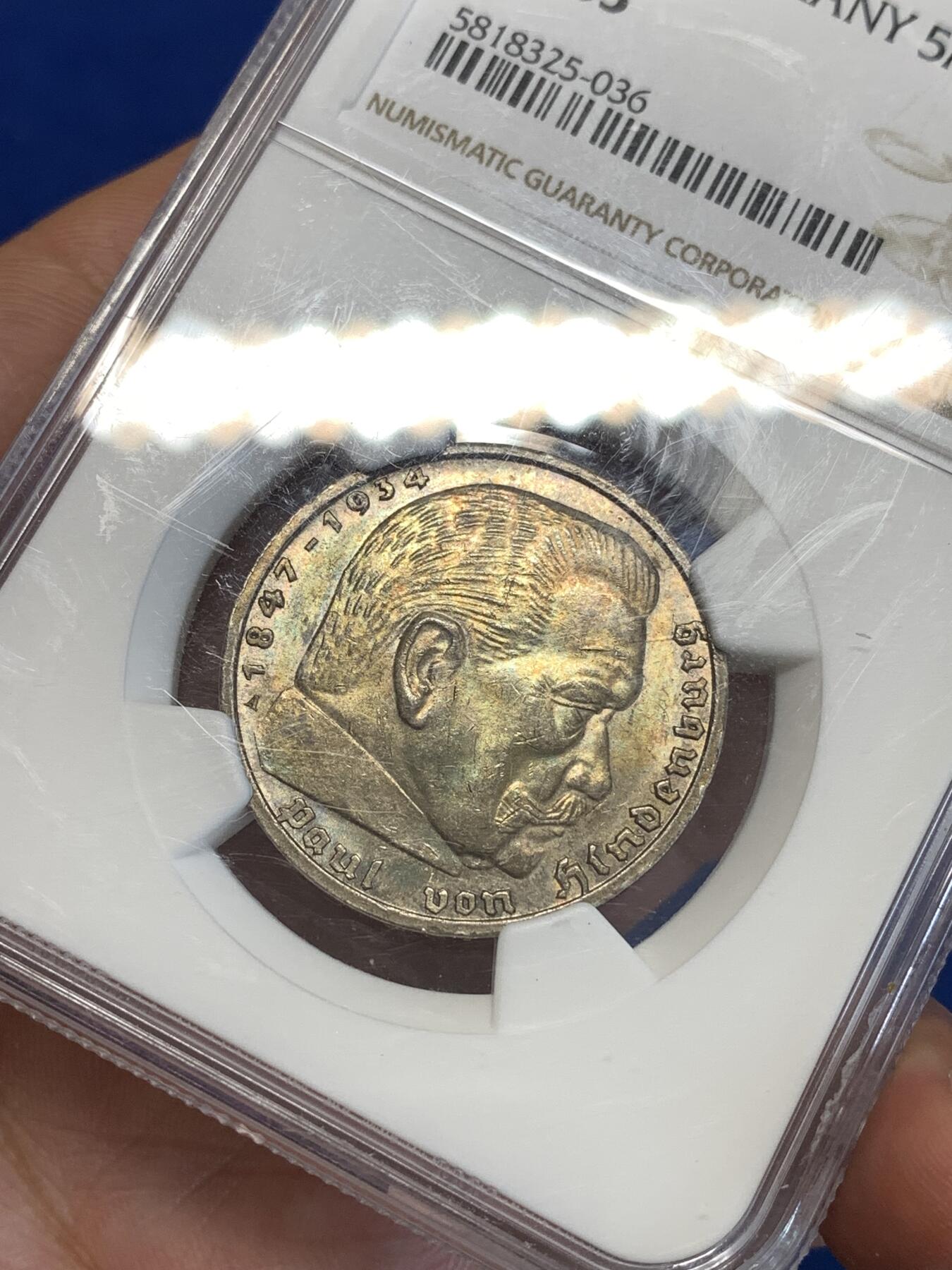 《竞宝斋》第287场-周六， 周日，周一 3场连拍 （全场包邮） NGC MS63 德国1938A第三帝国兴登堡5马克 原味淡五彩高分