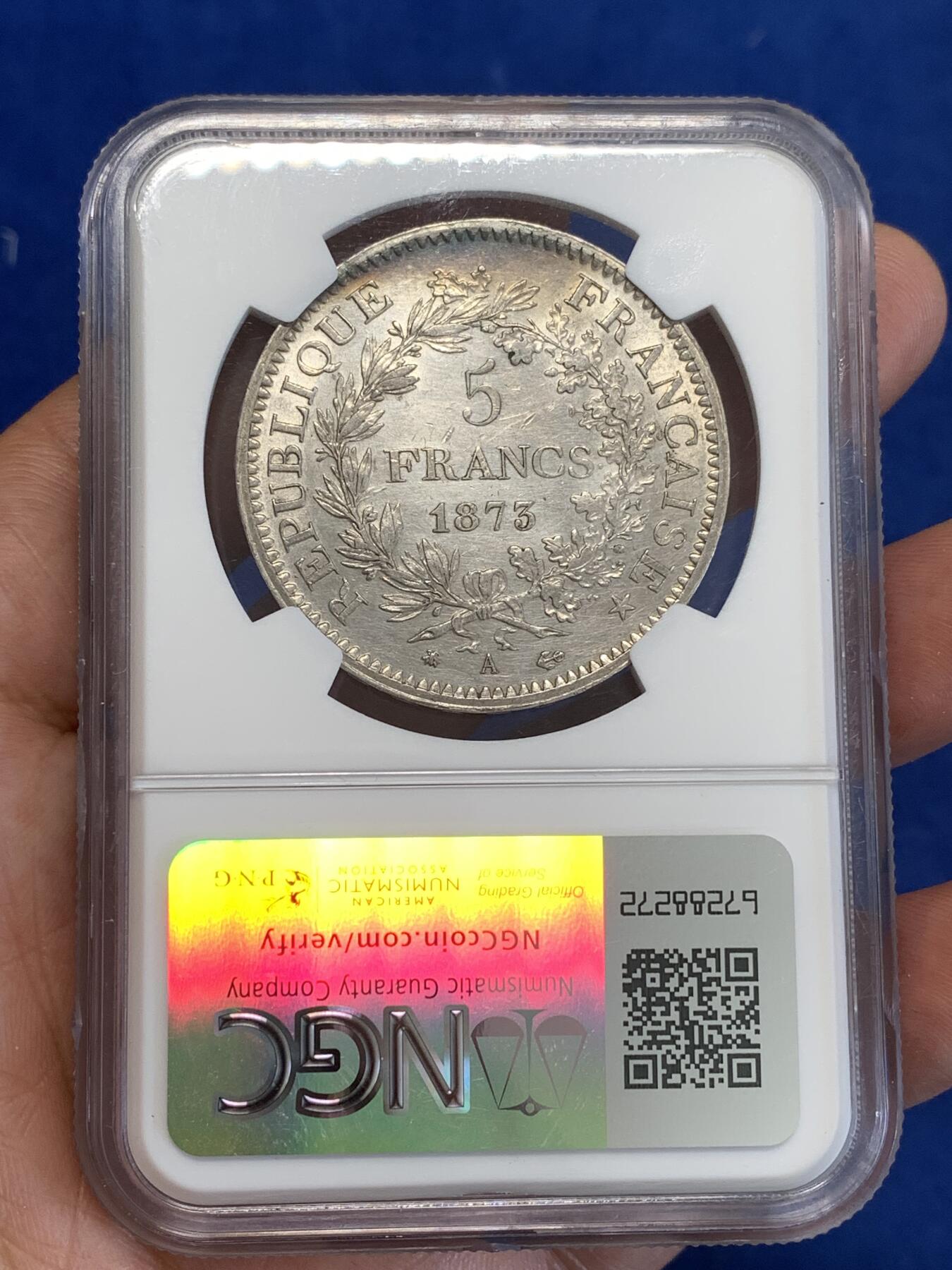 《竞宝斋》第287场-周六， 周日，周一 3场连拍 （全场包邮） NGC UNCD 法国1873年大力神5法郎银币