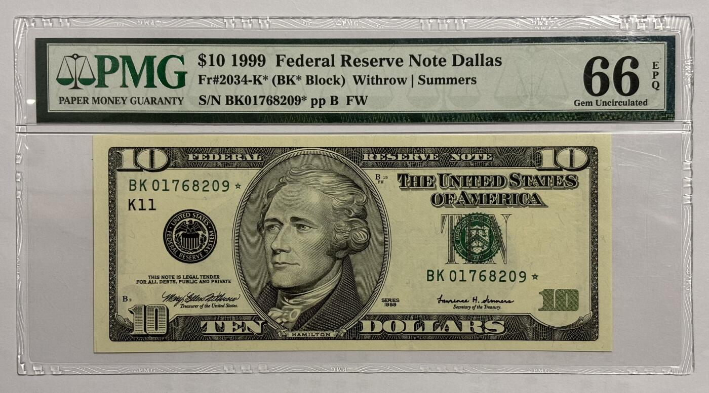 Chase Auction 第30期 - - 外钞、民国钞和人民币混合场！ 1999年 10美元 联邦储备券 大头版首发 PMG老壳评级66EPQ 星⭐补号 号码无4