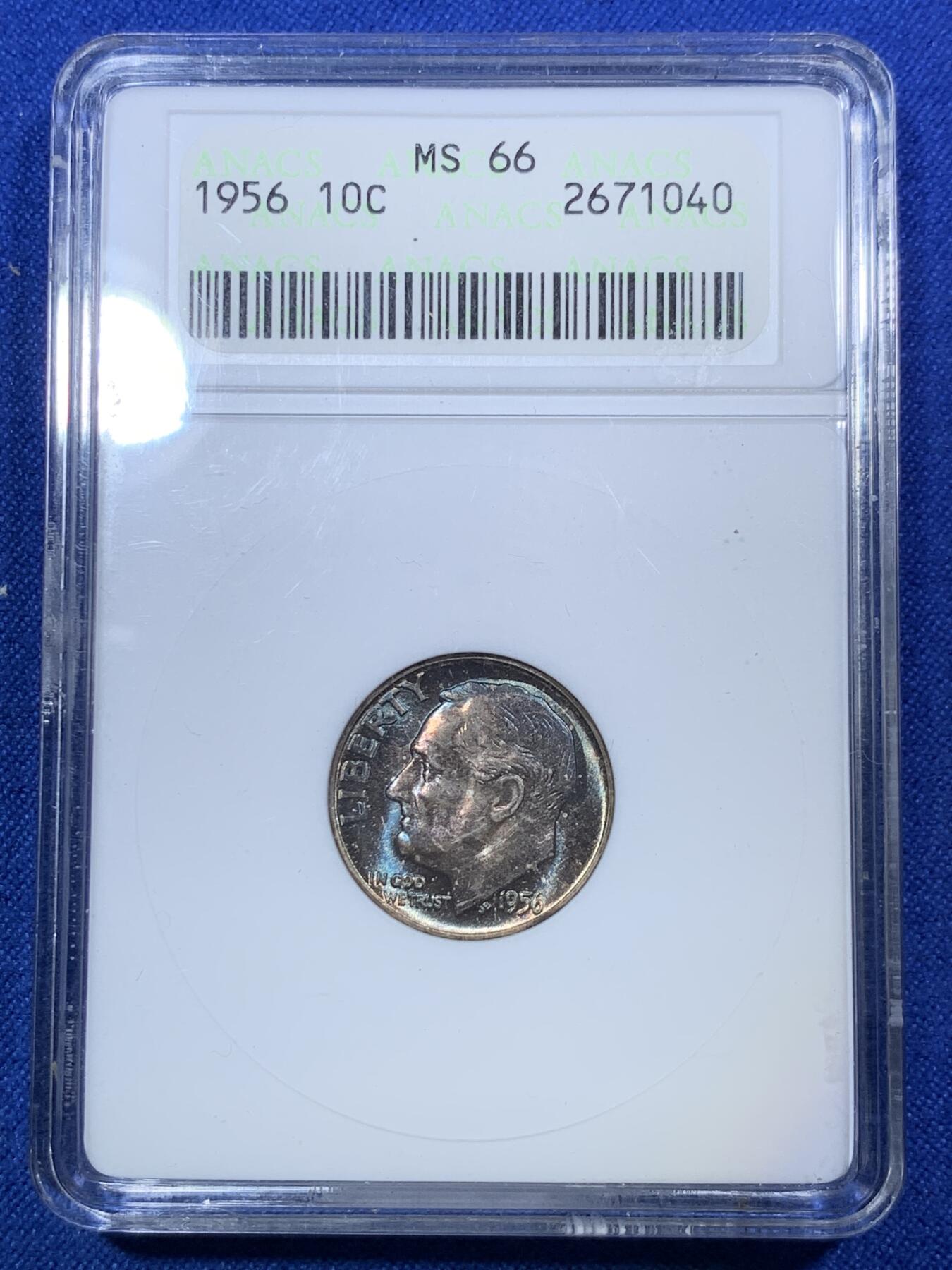 《竞宝斋》第288场-周六， 周日，周一 3场连拍 （全场包邮） ANACS MS66 美国 1956年 罗斯福 10美分 银币 五彩小白盒 很漂亮