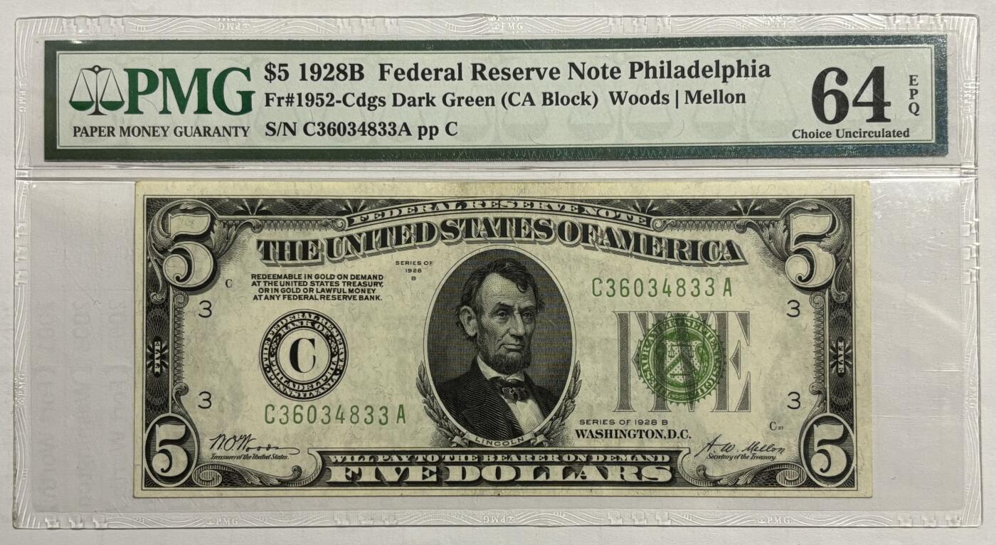 Chase Auction 第30期 - - 外钞、民国钞和人民币混合场！ 1928B版 5美元 小头联邦储备券首发 深绿色库印 费城C区分行 PMG老壳评级64EPQ