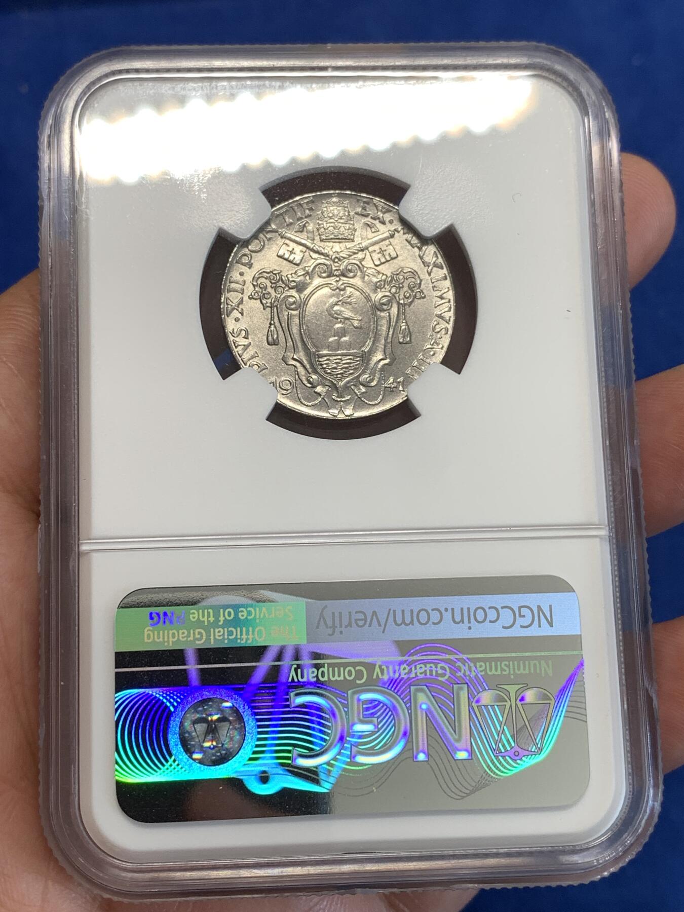 《竞宝斋》第288场-周六， 周日，周一 3场连拍 （全场包邮） NGC MS65 梵蒂冈1941年大天使50分 自藏高分