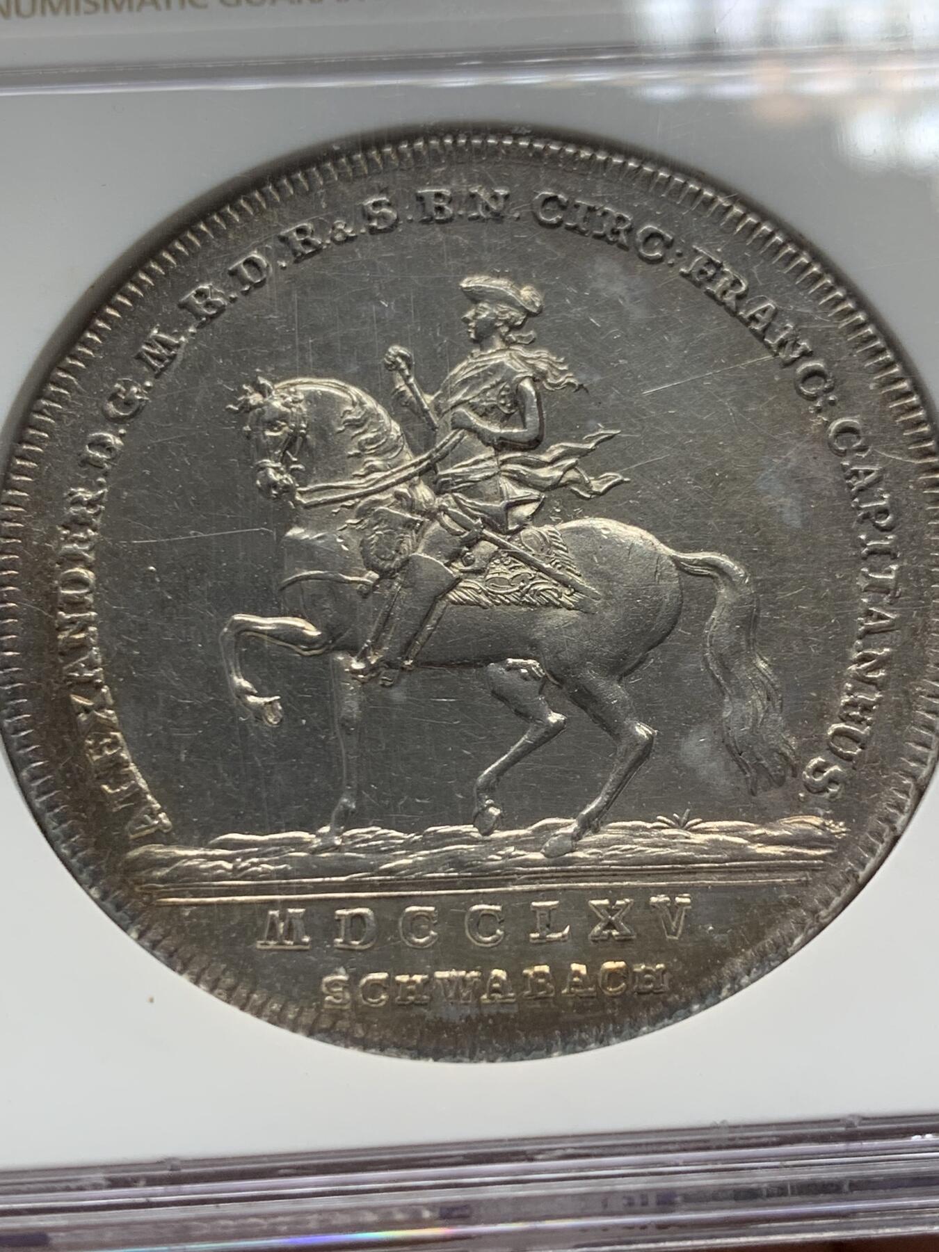 《竞宝斋》第288场-周六， 周日，周一 3场连拍 （全场包邮） NGC UNC 德国 1765年 勃兰登堡-安斯巴赫 亚历山大 1泰勒 大银币 单独年份 稀见品种