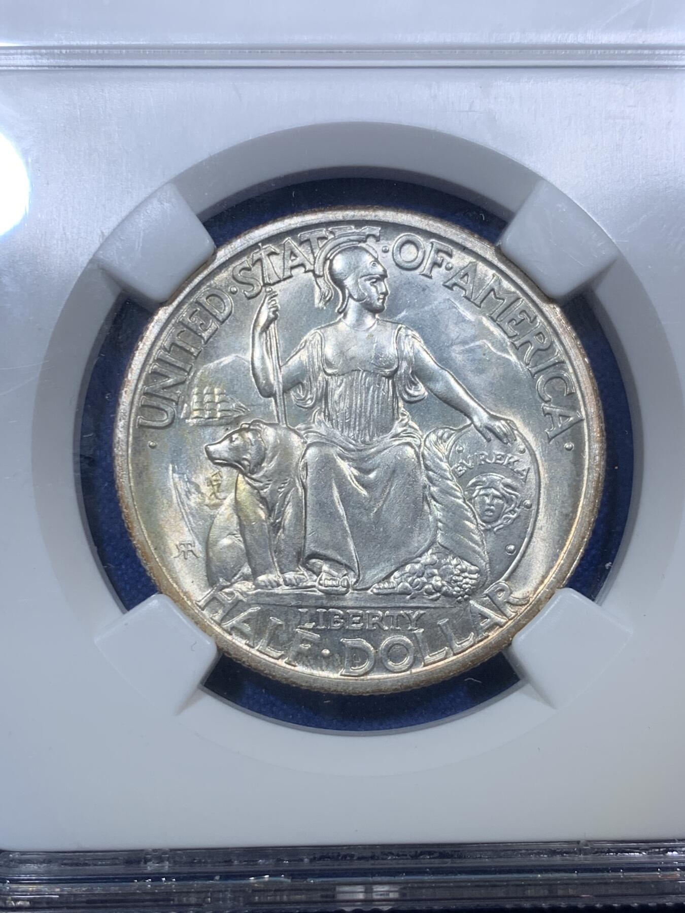 《竞宝斋》第288场-周六， 周日，周一 3场连拍 （全场包邮） NGC MS64 美国1935年圣迭戈50美分银币 原光品相 淡金色包浆