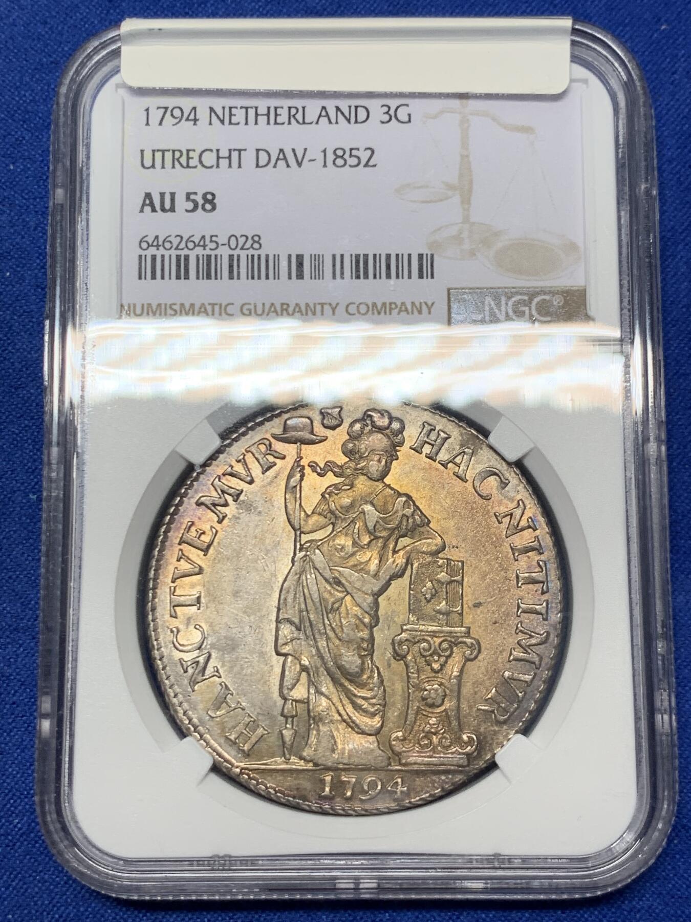 《竞宝斋》第288场-周六， 周日，周一 3场连拍 （全场包邮） NGC AU58 1794年 荷兰乌特勒支站人3盾大银币 经典站人女神 难得双面彩浆 转光流畅 58中的战斗机