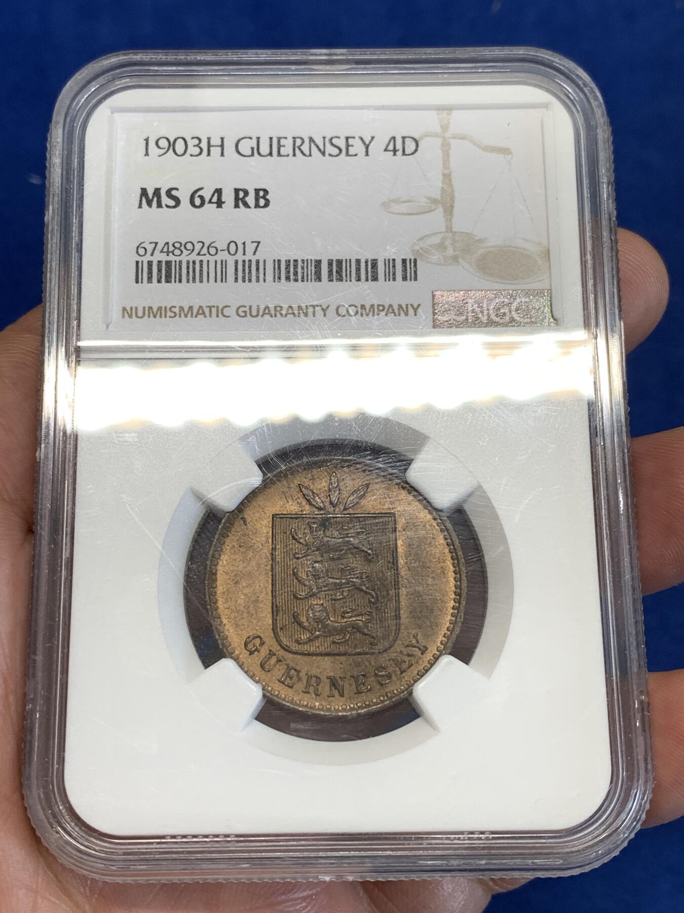 《竞宝斋》第288场-周六， 周日，周一 3场连拍 （全场包邮） NGC MS64RB 英属根西1903年4道布铜币 铜光醇厚 打制深峻 冠军分