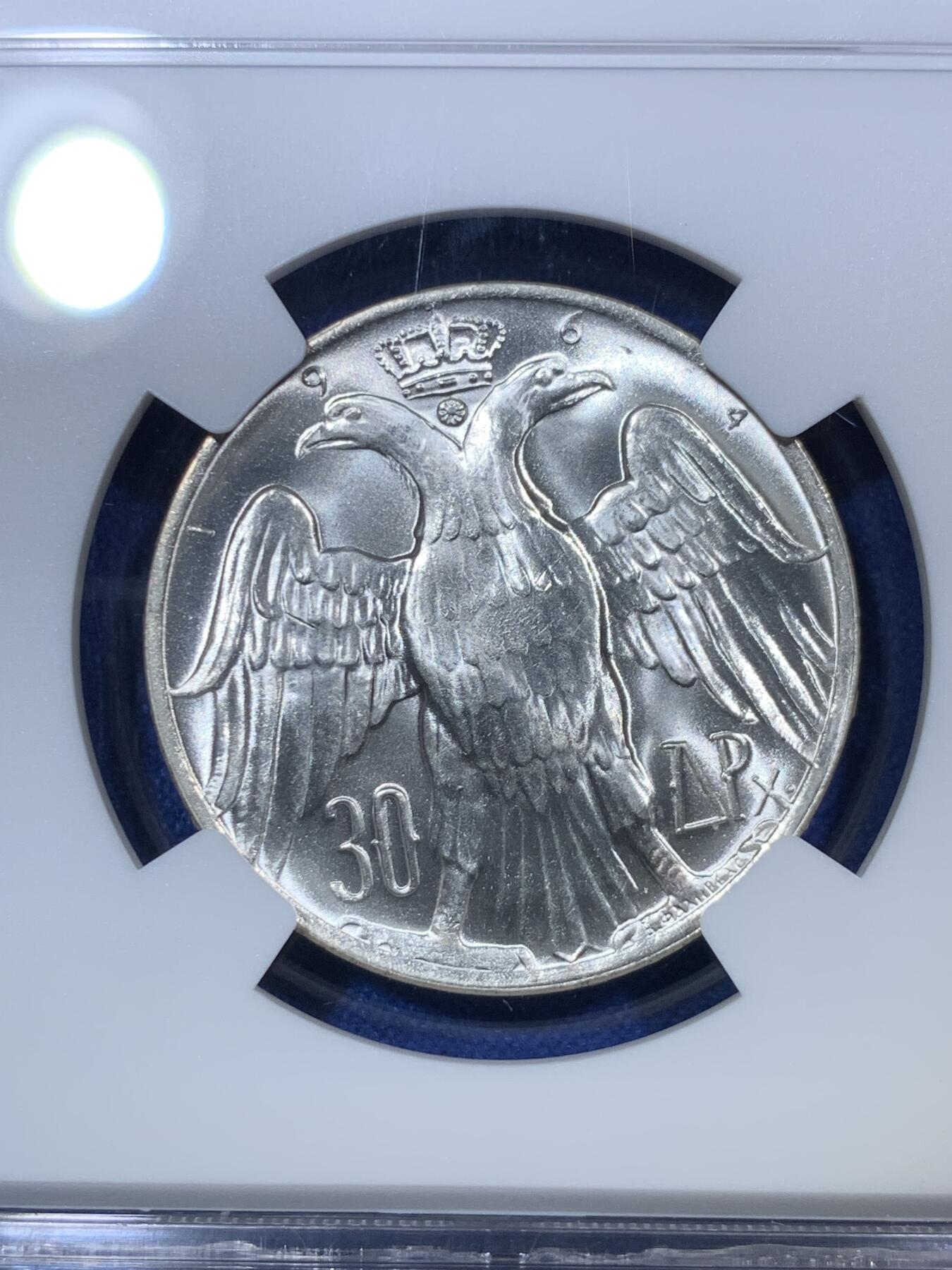 《竞宝斋》第288场-周六， 周日，周一 3场连拍 （全场包邮） NGC MS65 希腊1964年康斯坦丁二世婚礼纪念30德拉克马银币，高分不易