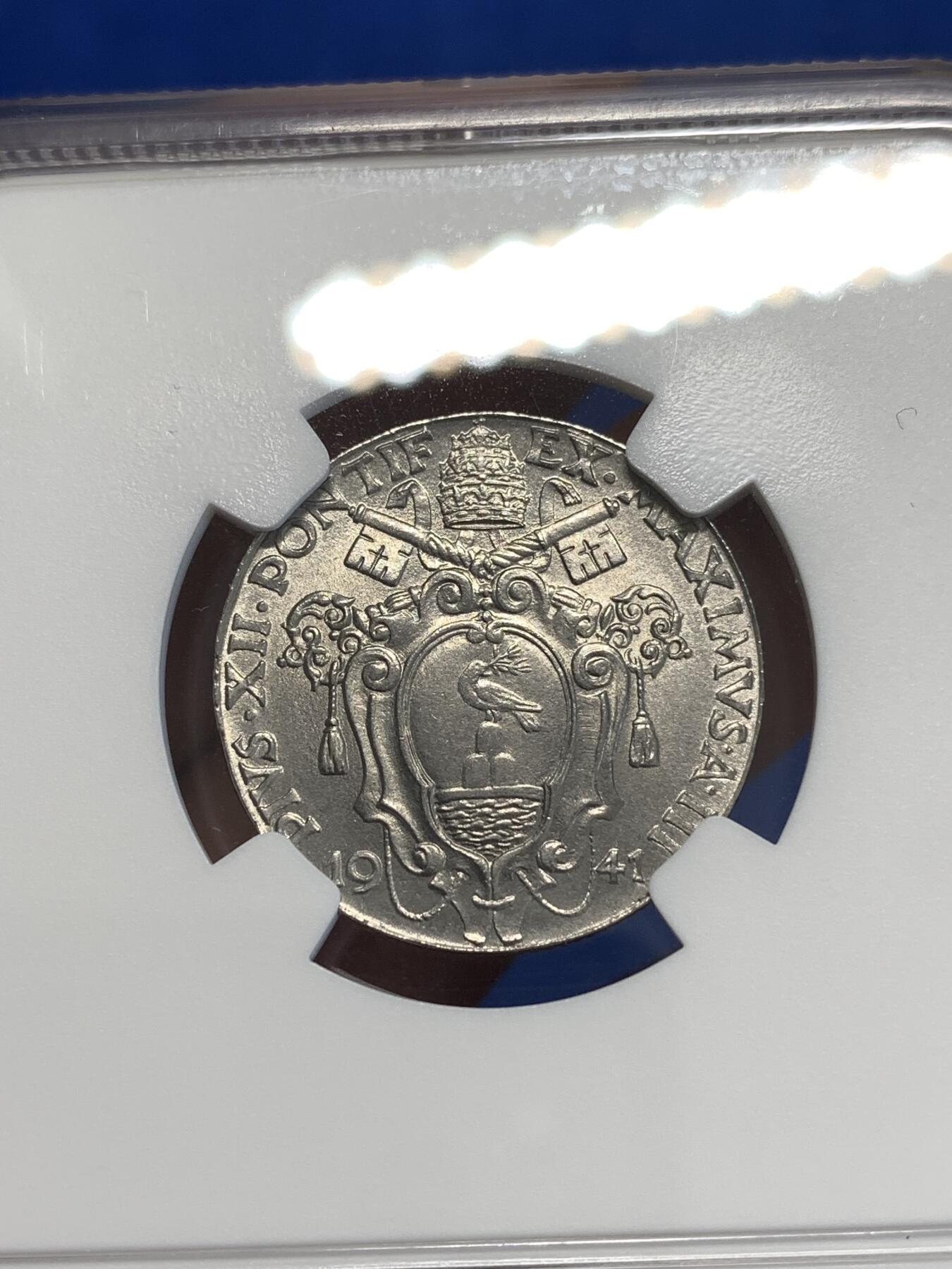 《竞宝斋》第288场-周六， 周日，周一 3场连拍 （全场包邮） NGC MS65 梵蒂冈1941年大天使50分 自藏高分