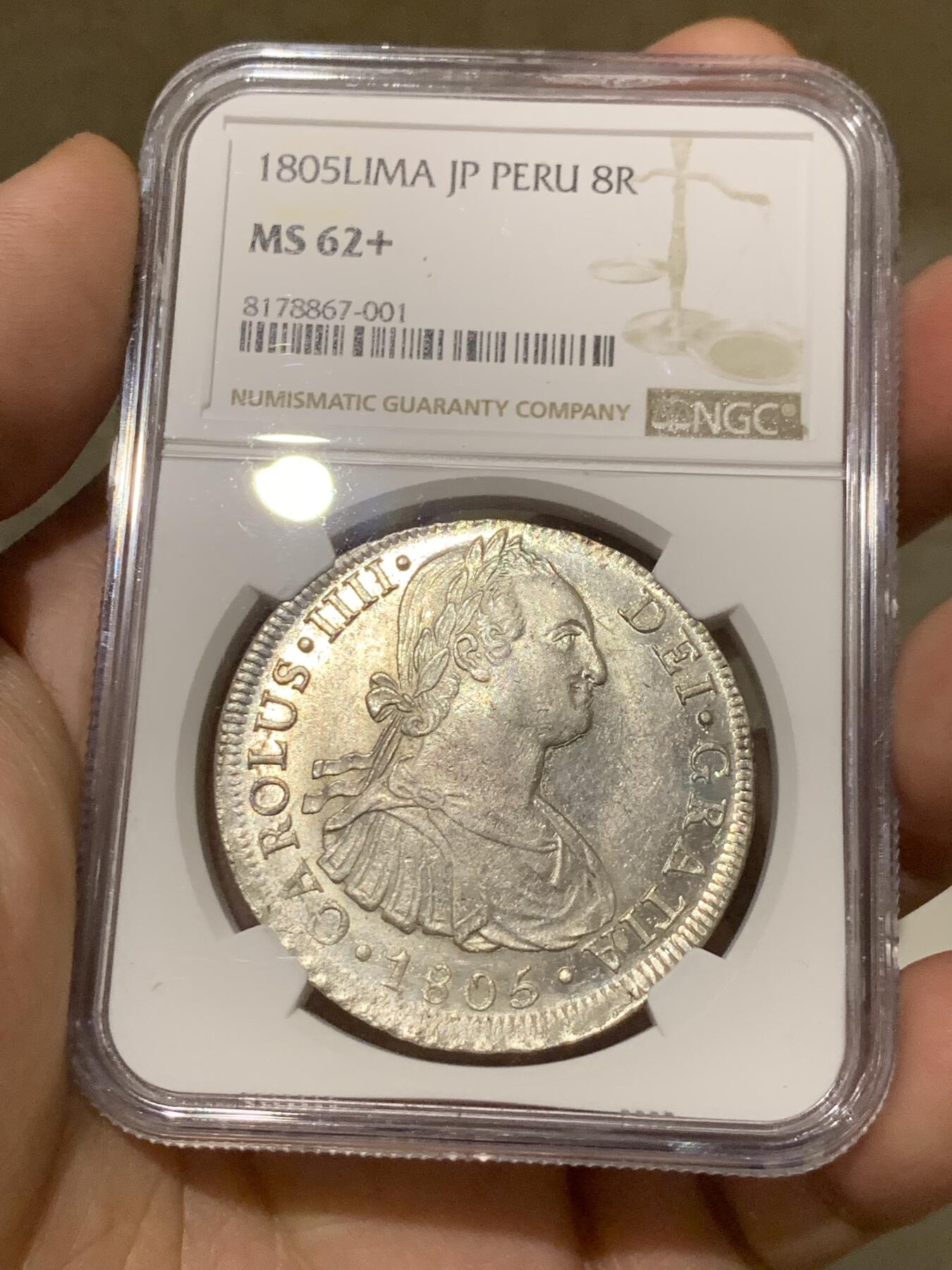 《竞宝斋》第288场-周六， 周日，周一 3场连拍 （全场包邮） NGC MS62+ 1805年秘鲁卡四双柱大银币 全镜面银霜车轮光 观感极佳 只有2枚得到了+号的分数 少见的秘鲁厂非墨西哥