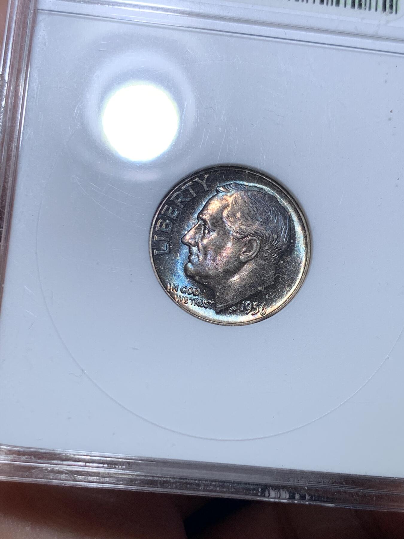 《竞宝斋》第288场-周六， 周日，周一 3场连拍 （全场包邮） ANACS MS66 美国 1956年 罗斯福 10美分 银币 五彩小白盒 很漂亮