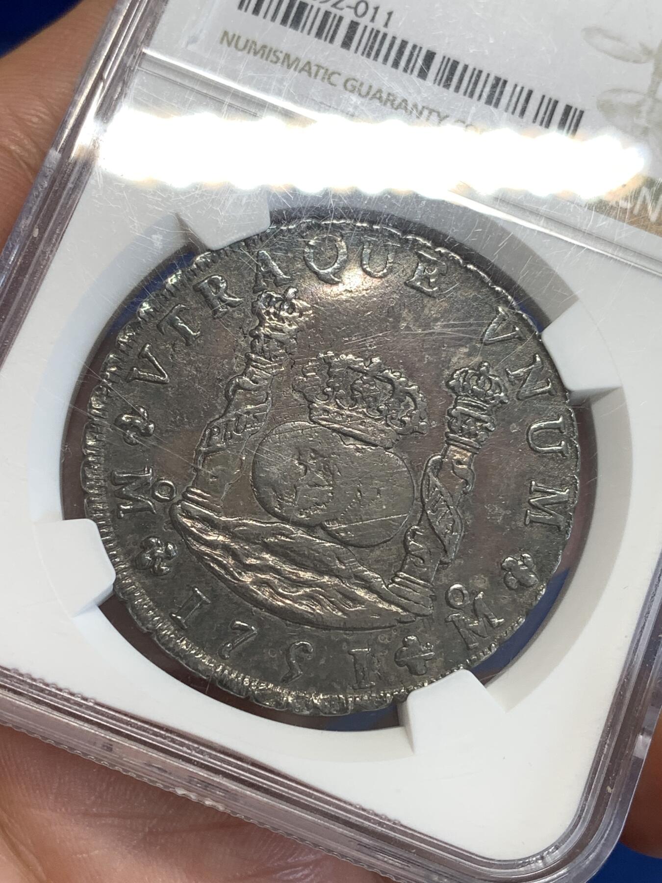 《竞宝斋》第288场-周六， 周日，周一 3场连拍 （全场包邮） NGC AUD 西属墨西哥1751年地球双柱8R银币 费迪南六世版本