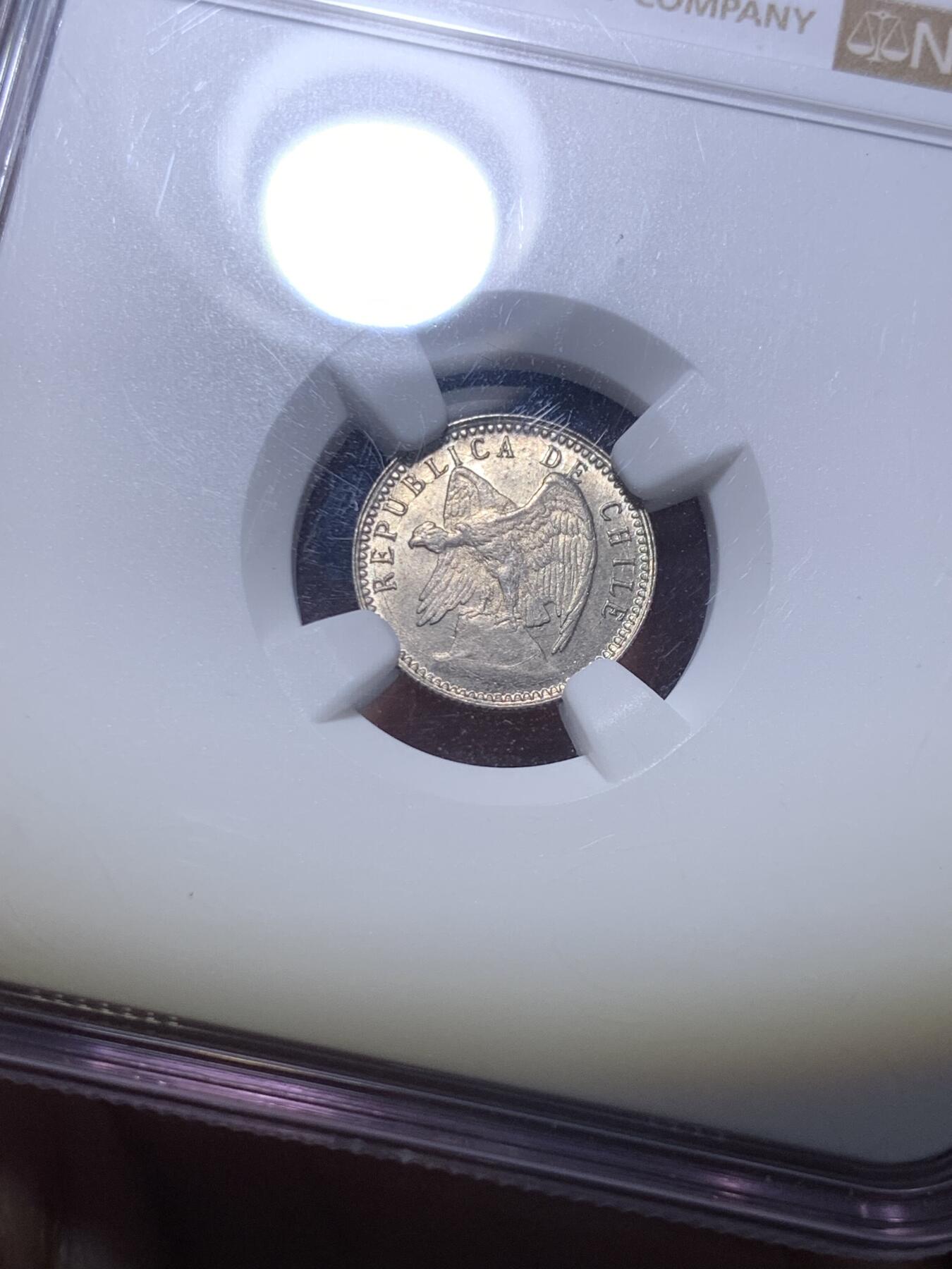 《竞宝斋》第288场-周六， 周日，周一 3场连拍 （全场包邮） NGC MS64 智利 1919年SO 5分 银币 模具裂 高分少