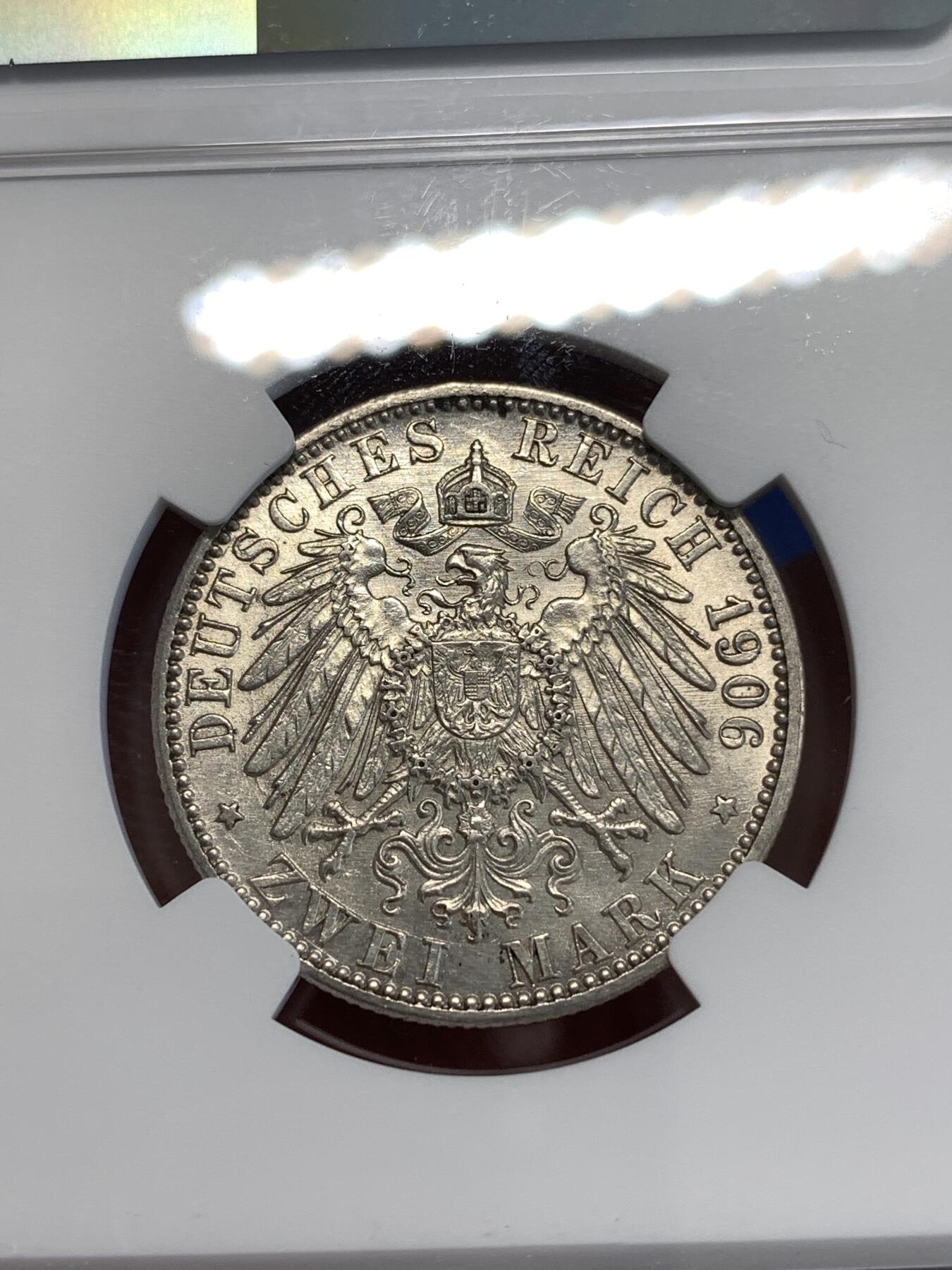 《竞宝斋》第288场-周六， 周日，周一 3场连拍 （全场包邮） NGC UNC 巴登1906金婚2马克纪念银币 转光不错 严评无分 性价比高