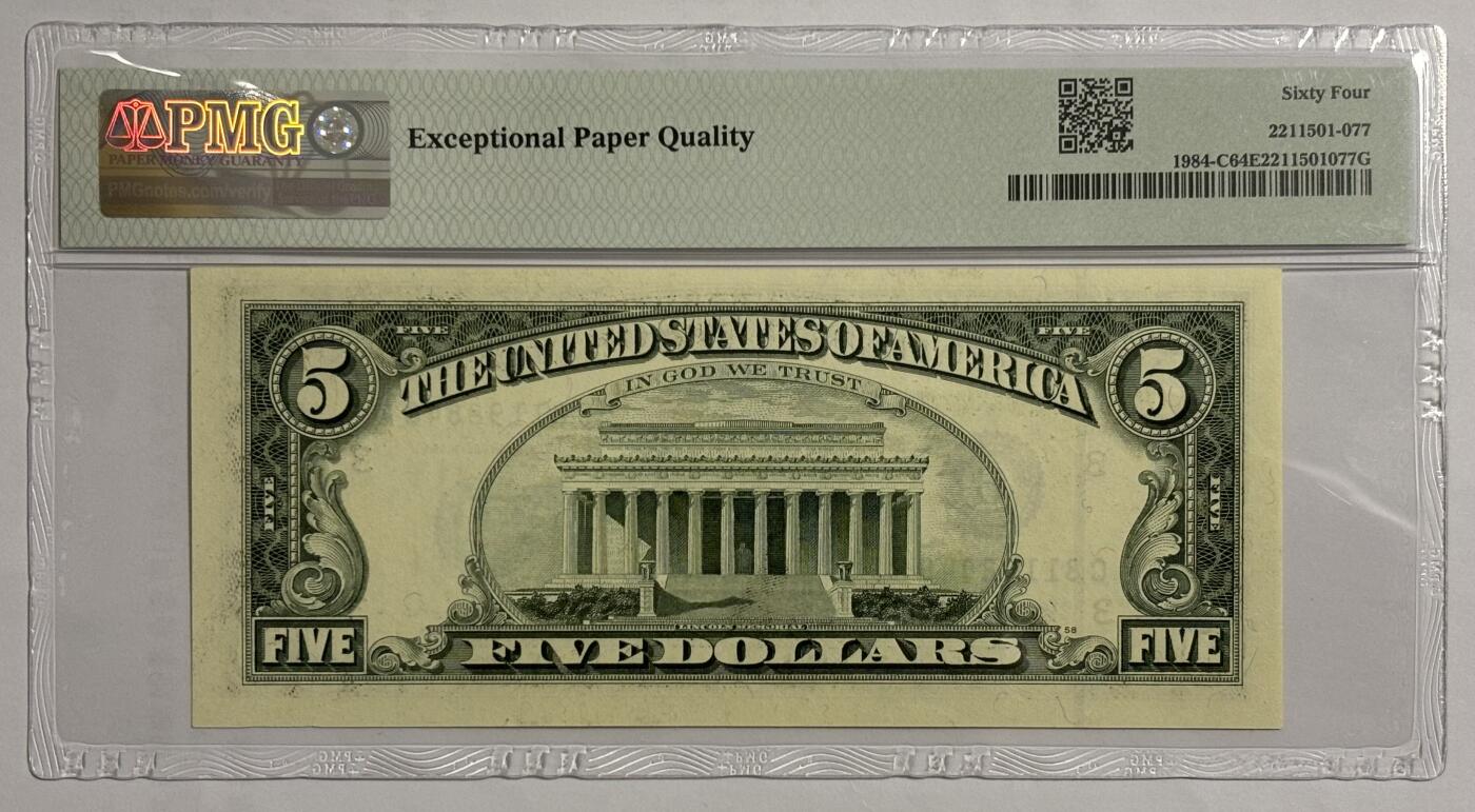 Chase Auction 第30期 - - 外钞、民国钞和人民币混合场！ 1995年 5美元 联邦储备券 费城C区分行 准倒置号 PMG评级64EPQ
