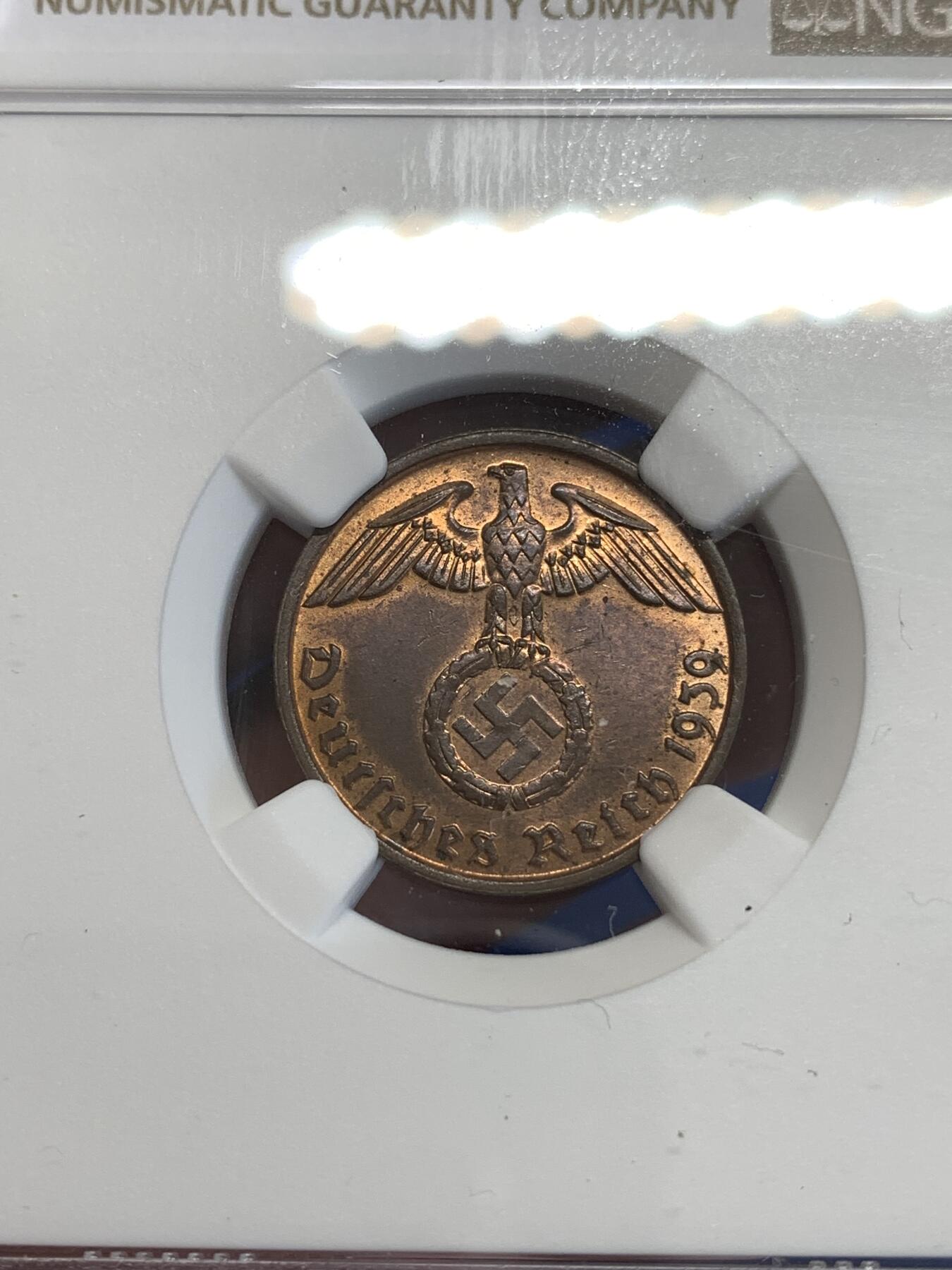 《竞宝斋》第288场-周六， 周日，周一 3场连拍 （全场包邮） NGC MS63RB 1939B德意志第三帝国2芬尼铜币