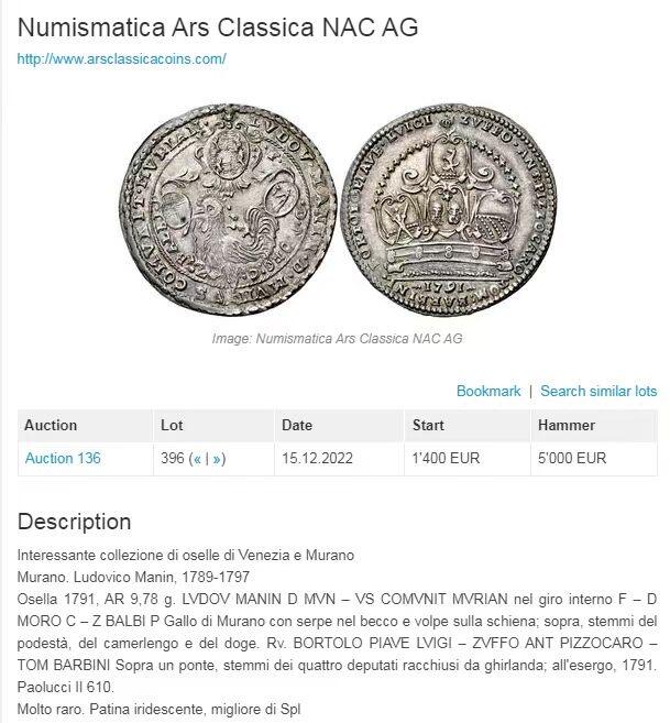 高品难得 意大利威尼斯 穆拉诺 1791年 Osella银币 NGC MS63