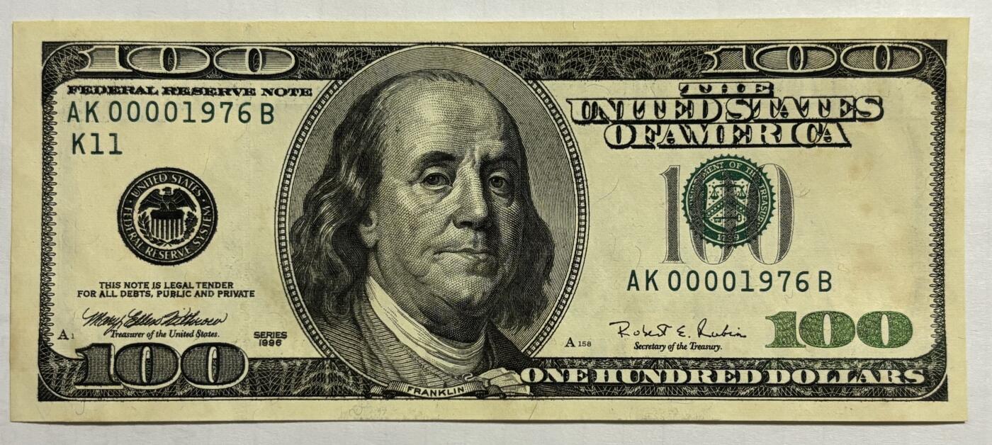 Chase Auction 第30期 - - 外钞、民国钞和人民币混合场！ 1996年 100美元 联邦储备券 大头版首发 0000打头千位小号
