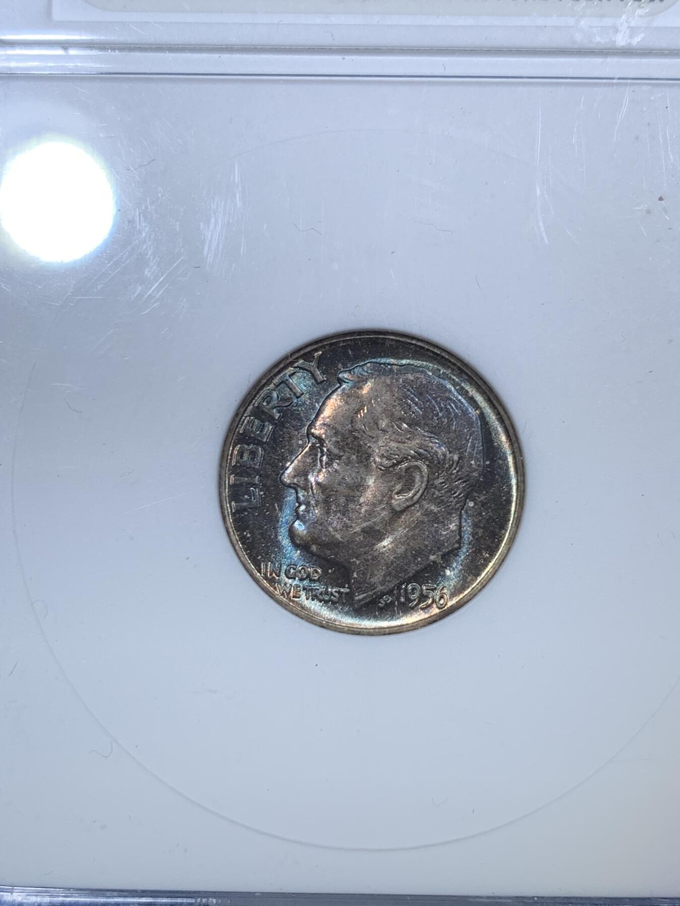 《竞宝斋》第288场-周六， 周日，周一 3场连拍 （全场包邮） ANACS MS66 美国 1956年 罗斯福 10美分 银币 五彩小白盒 很漂亮