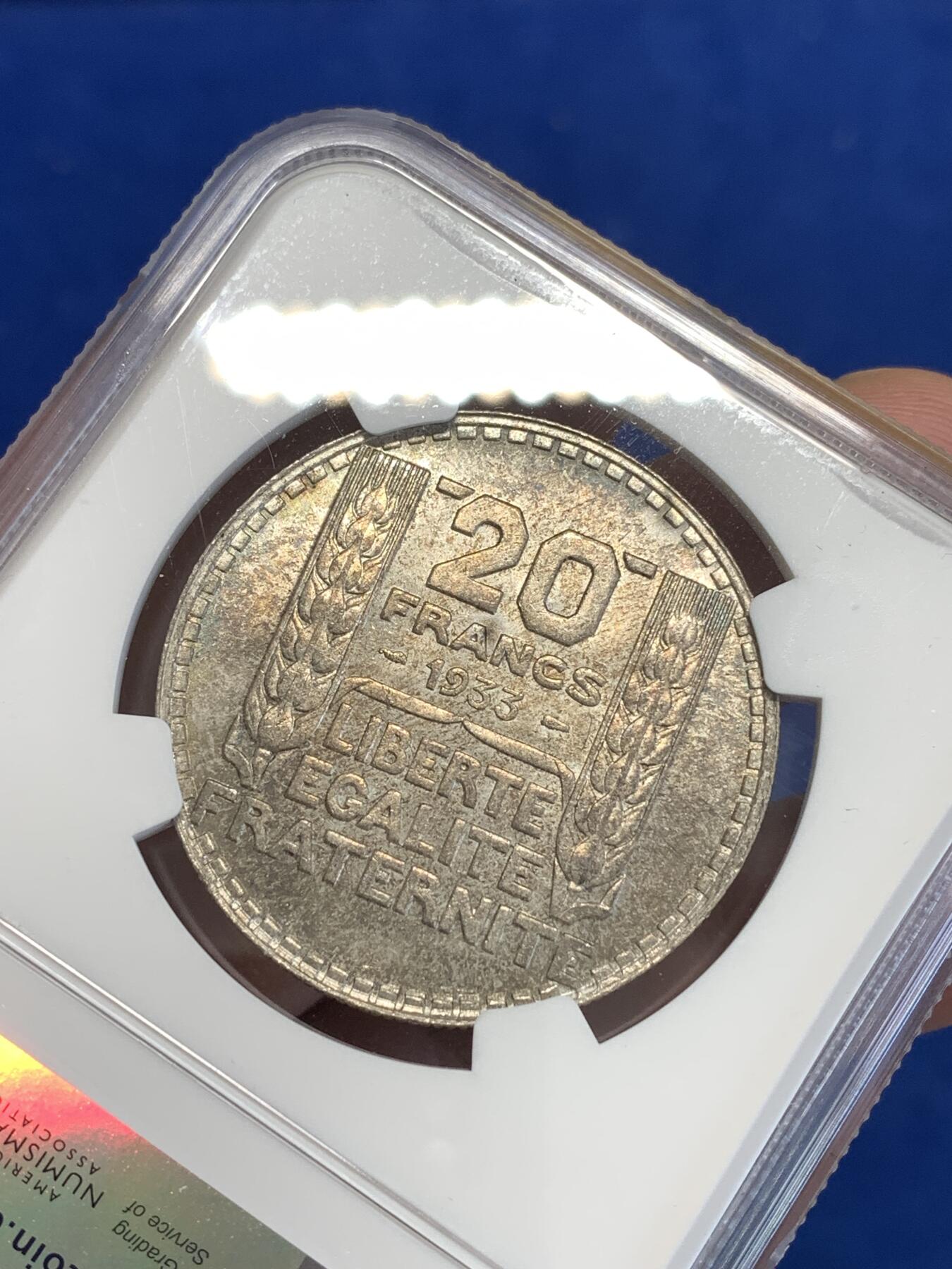 《竞宝斋》第288场-周六， 周日，周一 3场连拍 （全场包邮） NGC MS62 法国1933年桂冠女神20法郎银币