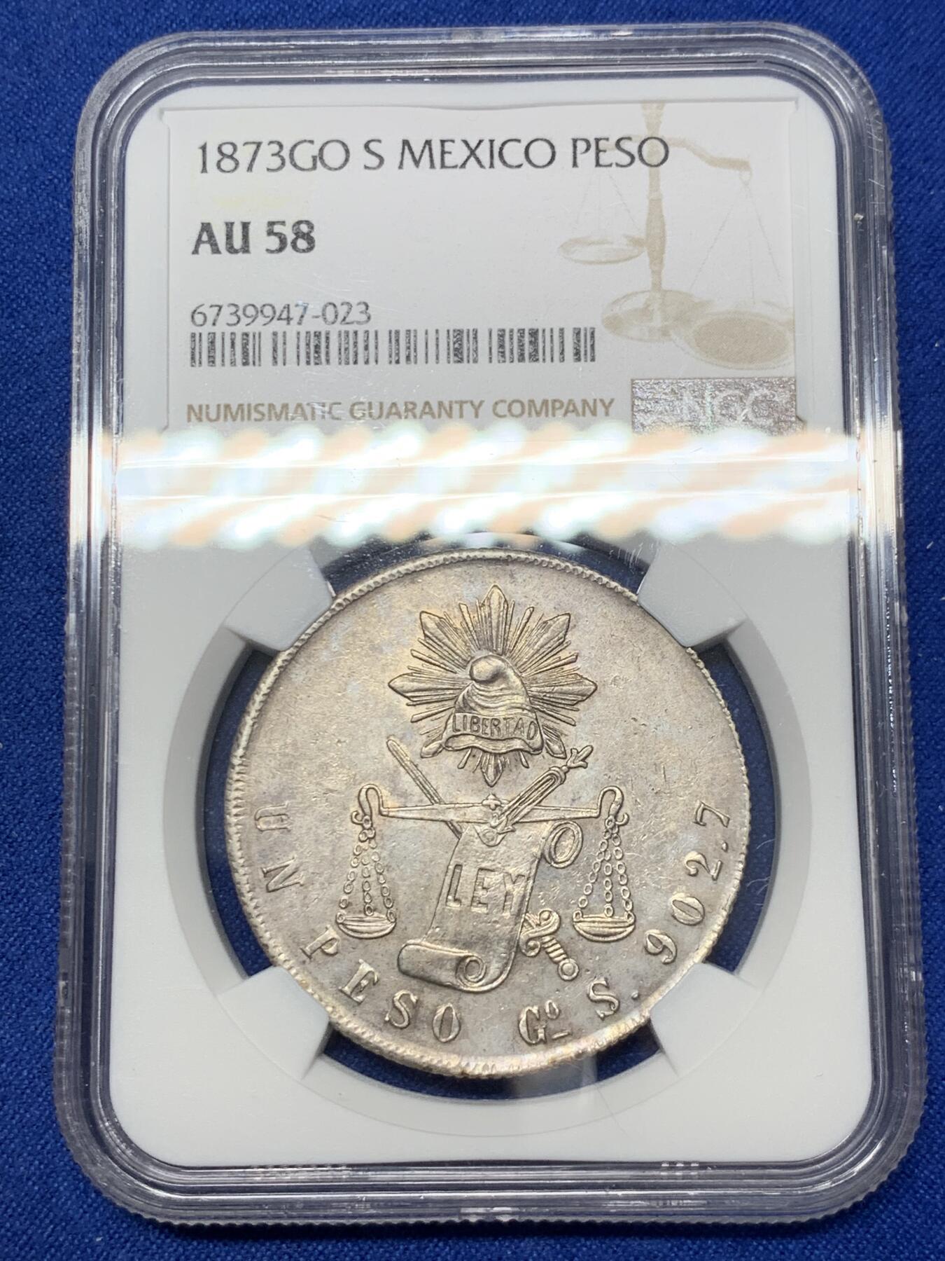 《竞宝斋》第288场-周六， 周日，周一 3场连拍 （全场包邮） NGC AU58 墨西哥1873Go厂天平鹰洋 淡灰蓝包浆 鹰羽犀利 极富性价比的状态 自藏佳品