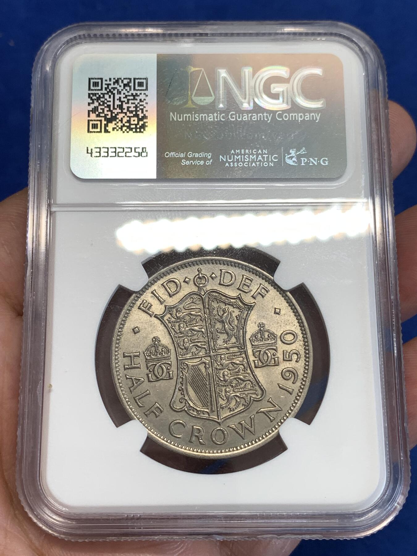 《竞宝斋》第288场-周六， 周日，周一 3场连拍 （全场包邮） NGC MS62 英国1950半克朗镍币 正反面都带转光 细节也不错 比较少见的早期英国 性价比高