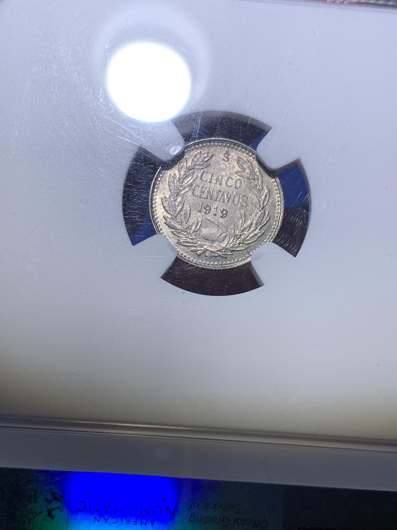 《竞宝斋》第288场-周六， 周日，周一 3场连拍 （全场包邮） NGC MS64 智利 1919年SO 5分 银币 模具裂 高分少