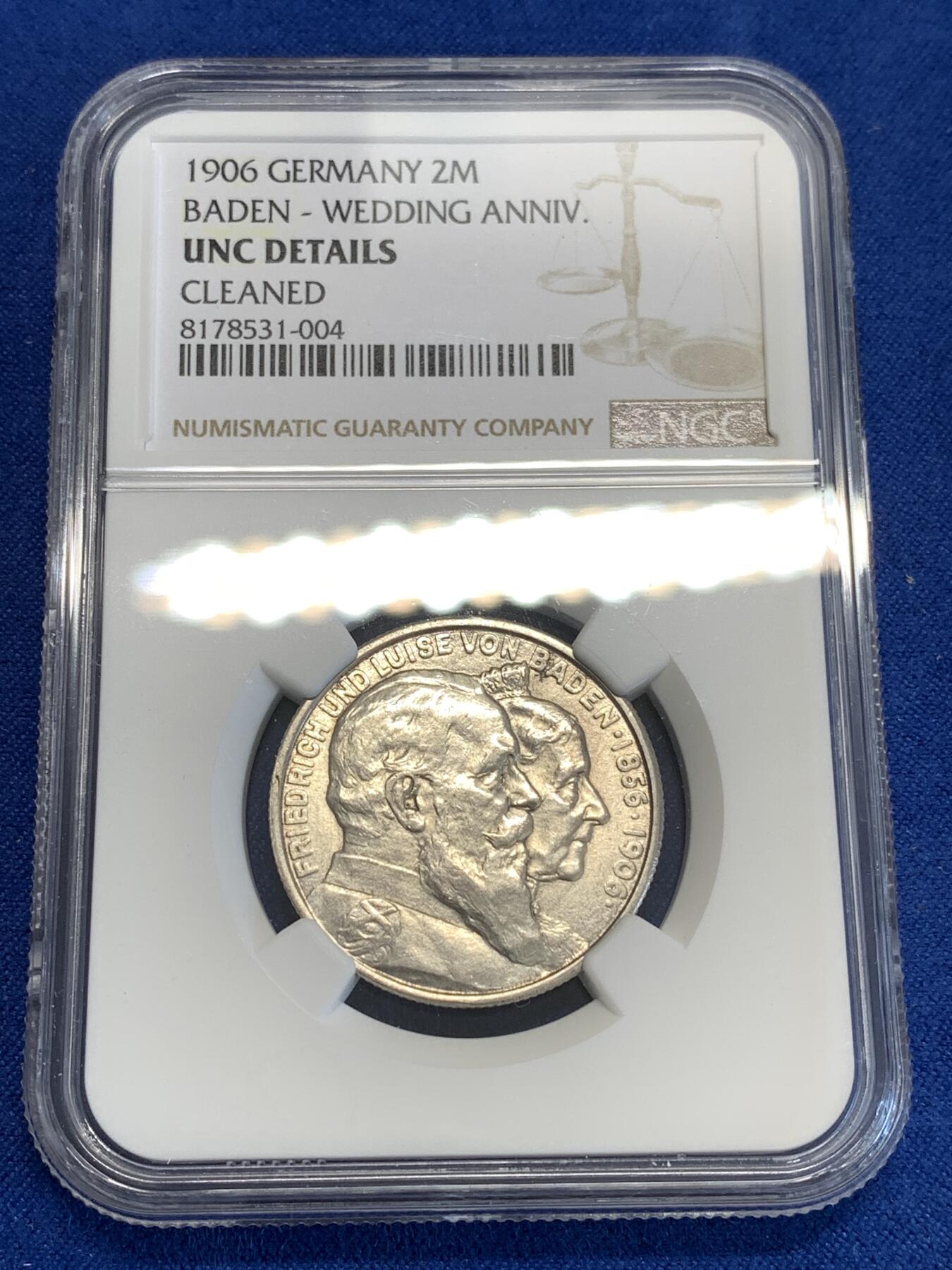 《竞宝斋》第288场-周六， 周日，周一 3场连拍 （全场包邮） NGC UNC 巴登1906金婚2马克纪念银币 转光不错 严评无分 性价比高