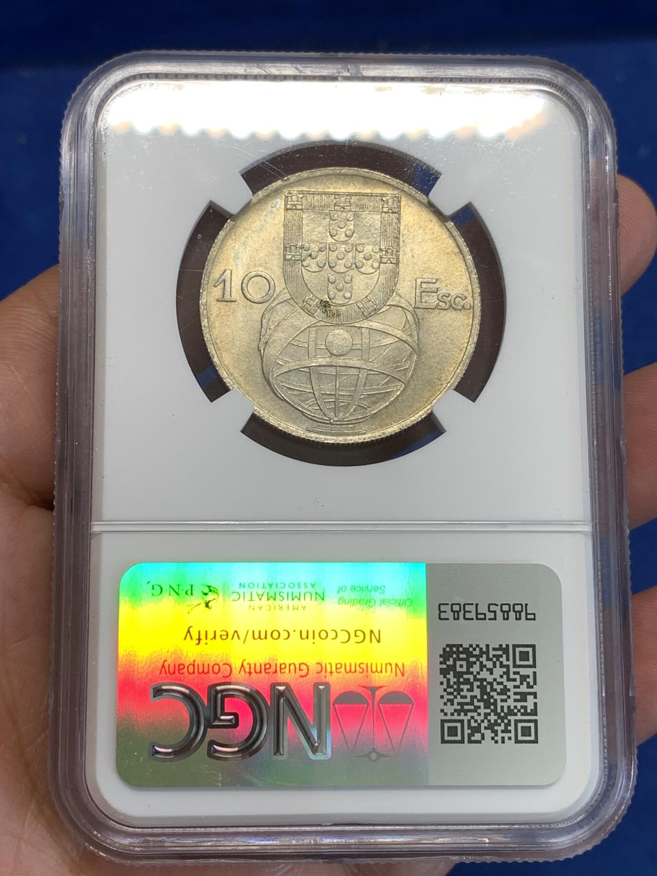 《竞宝斋》第288场-周六， 周日，周一 3场连拍 （全场包邮） NGC MS64 葡萄牙1955年大帆船10埃斯库多银币