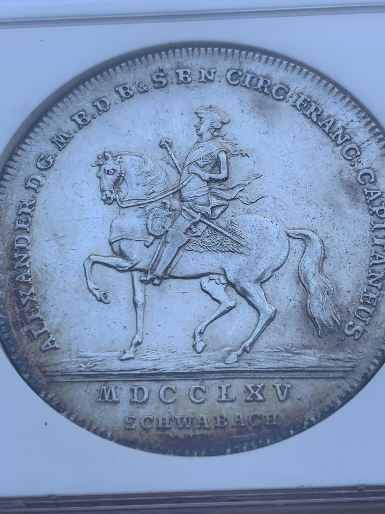 《竞宝斋》第288场-周六， 周日，周一 3场连拍 （全场包邮） NGC UNC 德国 1765年 勃兰登堡-安斯巴赫 亚历山大 1泰勒 大银币 单独年份 稀见品种