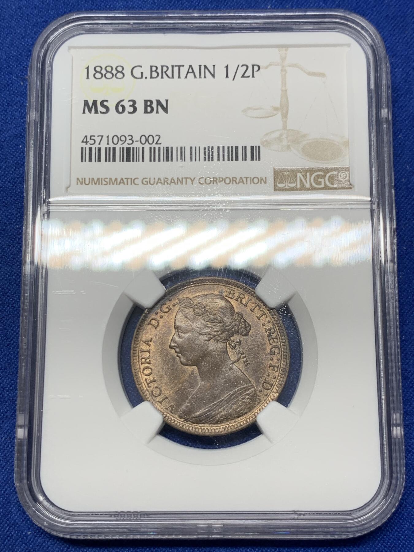 《竞宝斋》第288场-周六， 周日，周一 3场连拍 （全场包邮） NGC MS63BN 英国1888年小维半便士铜币 吉祥年份 N盒季军分 更高分只有8枚 少见铜币