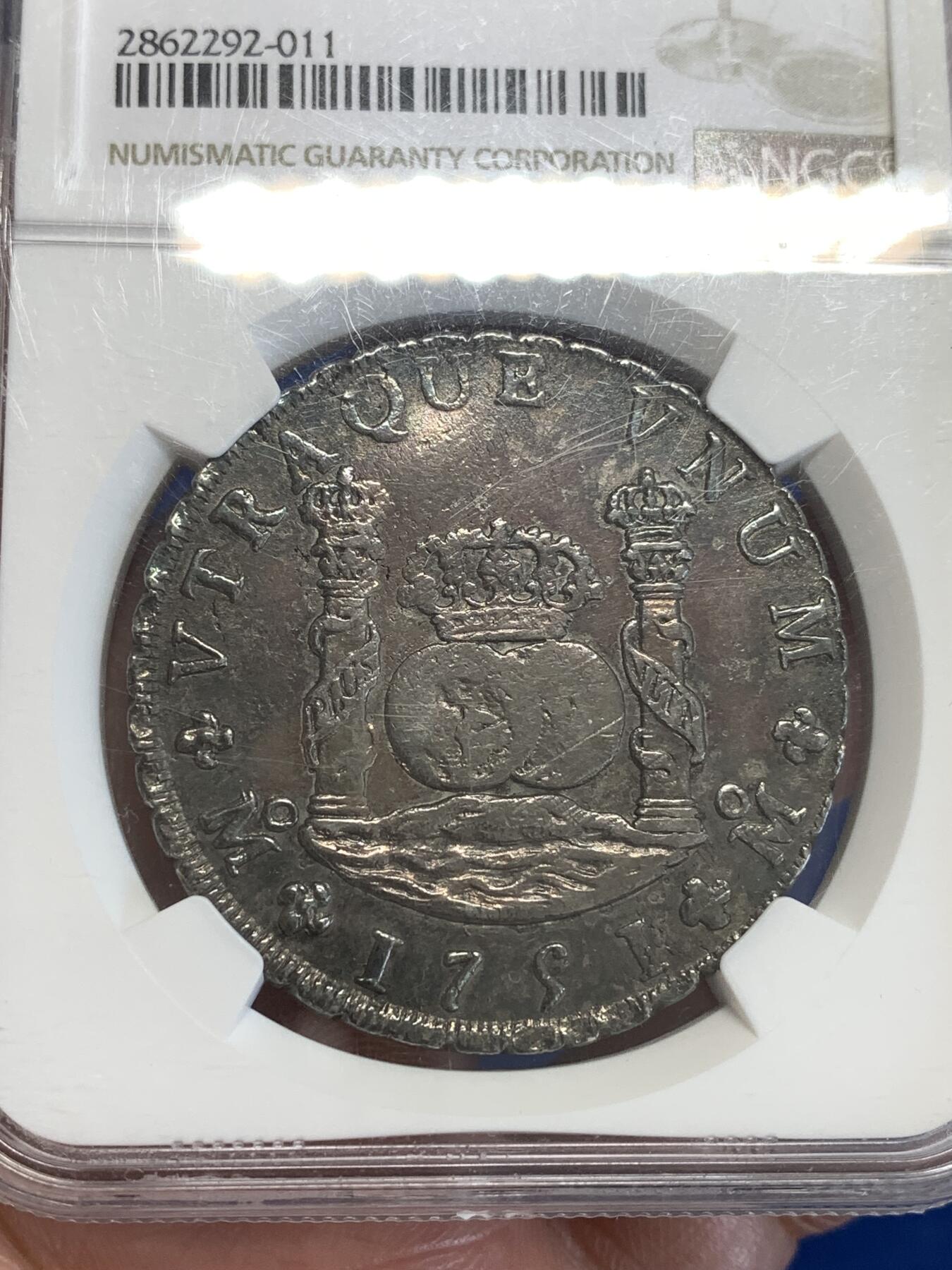 《竞宝斋》第288场-周六， 周日，周一 3场连拍 （全场包邮） NGC AUD 西属墨西哥1751年地球双柱8R银币 费迪南六世版本