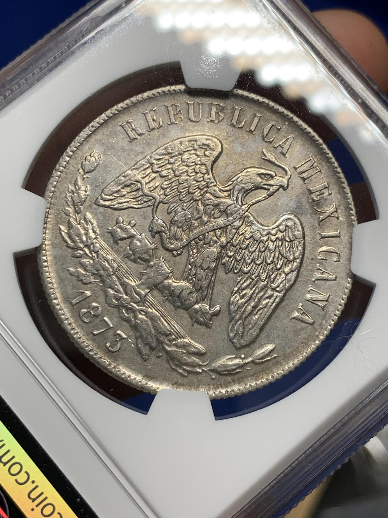 《竞宝斋》第288场-周六， 周日，周一 3场连拍 （全场包邮） NGC AU58 墨西哥1873Go厂天平鹰洋 淡灰蓝包浆 鹰羽犀利 极富性价比的状态 自藏佳品