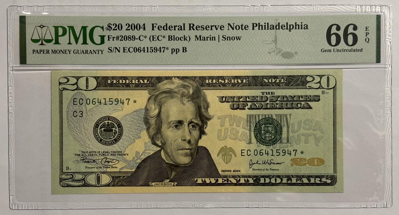 Chase Auction 第30期 - - 外钞、民国钞和人民币混合场！ 2004年 20美元 联邦储备券 彩色版首发 星⭐补号 PMG评级66EPQ