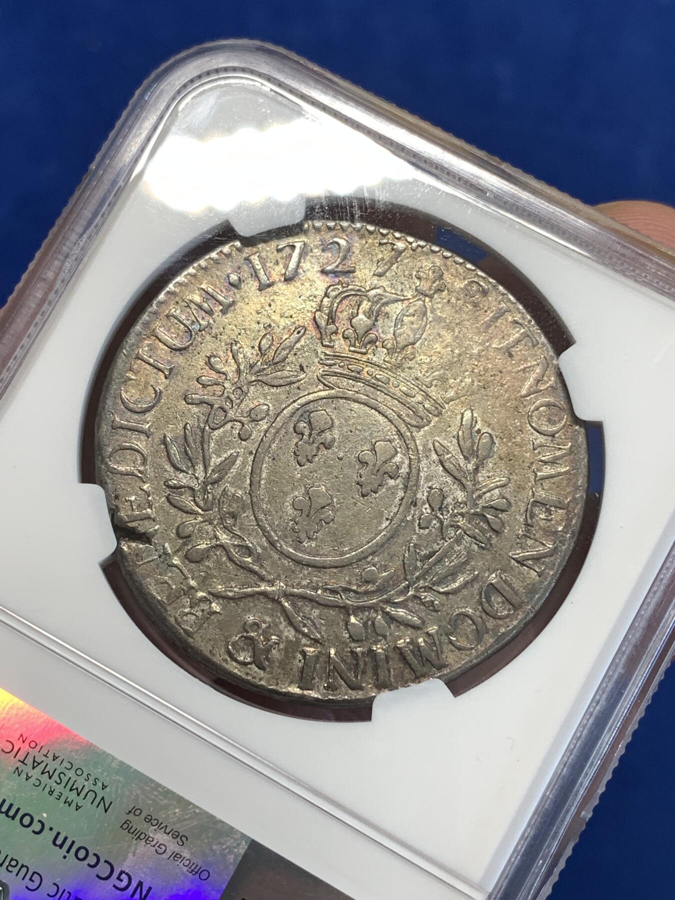 《竞宝斋》第288场-周六， 周日，周一 3场连拍 （全场包邮） NGC VF30 法国1727年路易十五埃居大银 金彩包浆 唯一冠军分