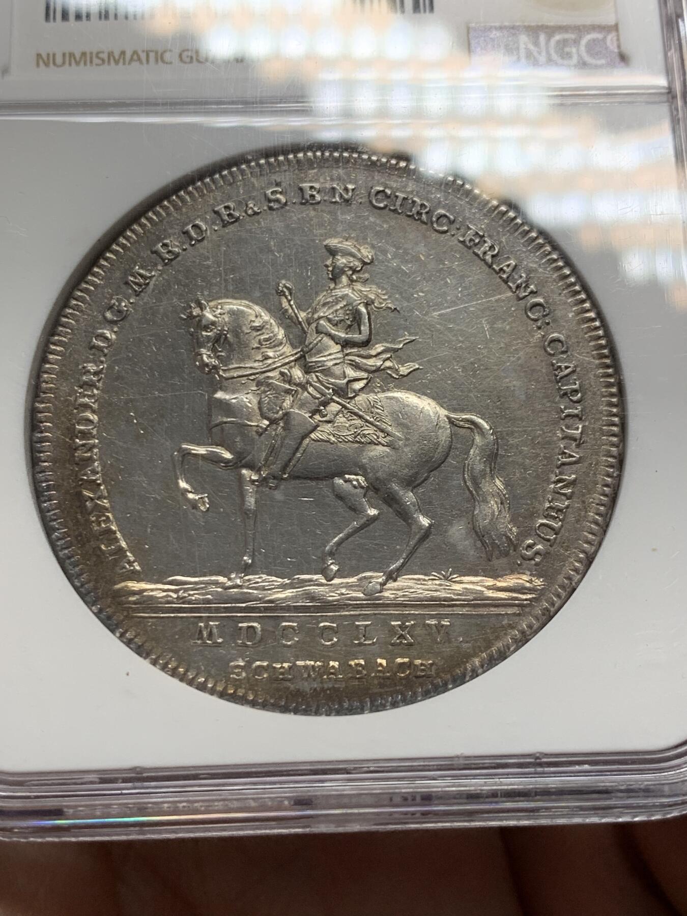 《竞宝斋》第288场-周六， 周日，周一 3场连拍 （全场包邮） NGC UNC 德国 1765年 勃兰登堡-安斯巴赫 亚历山大 1泰勒 大银币 单独年份 稀见品种