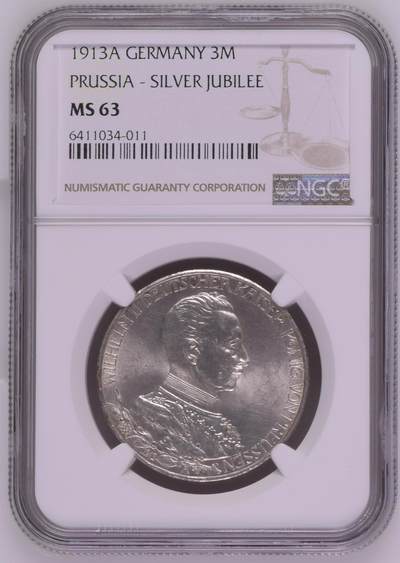 1913A GERMANY PRUSSIA - SILVER JUBILEE1913年德国普鲁士威廉二世戎装登基25周年3马克银币MS63