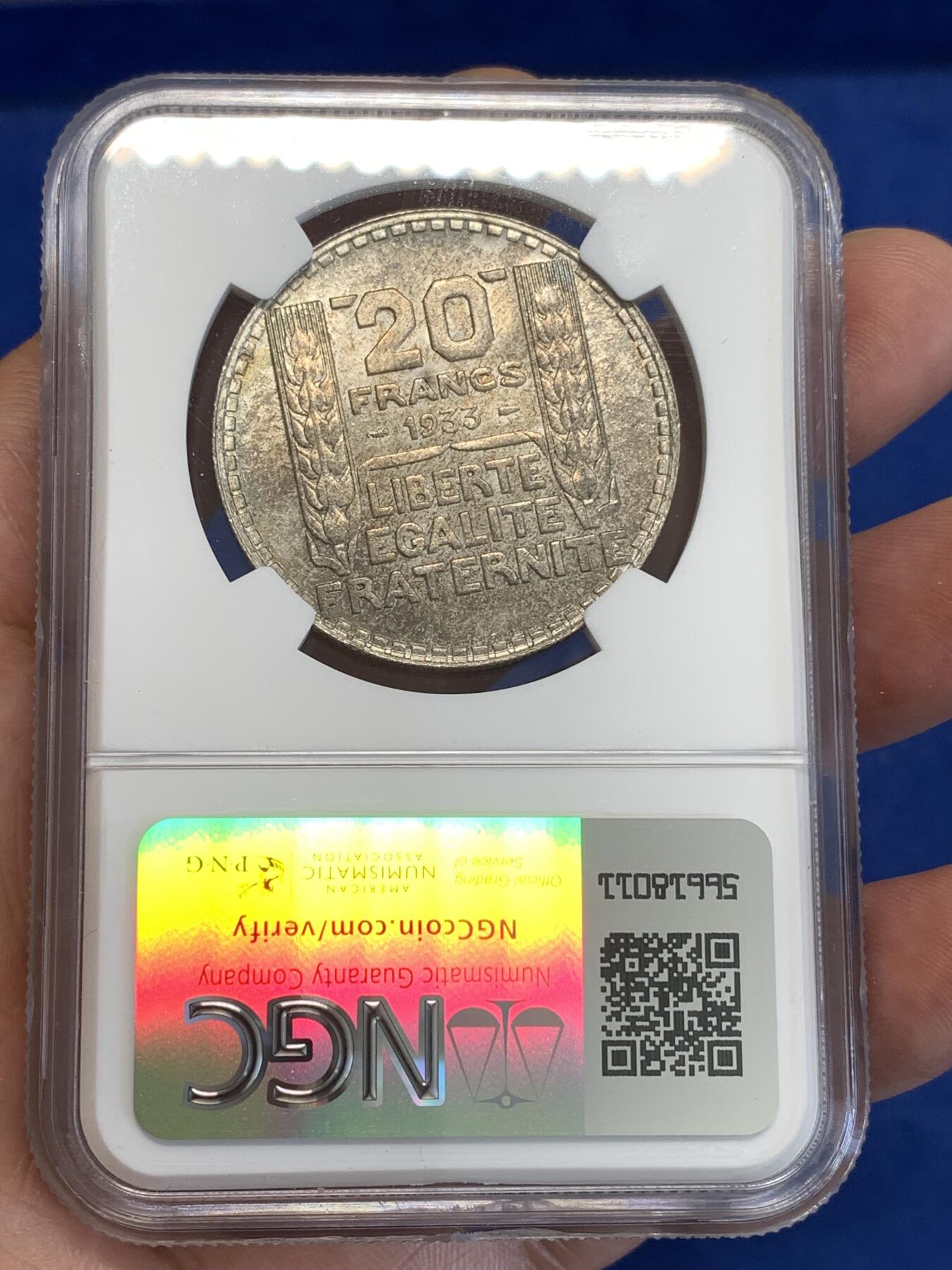 《竞宝斋》第288场-周六， 周日，周一 3场连拍 （全场包邮） NGC MS62 法国1933年桂冠女神20法郎银币