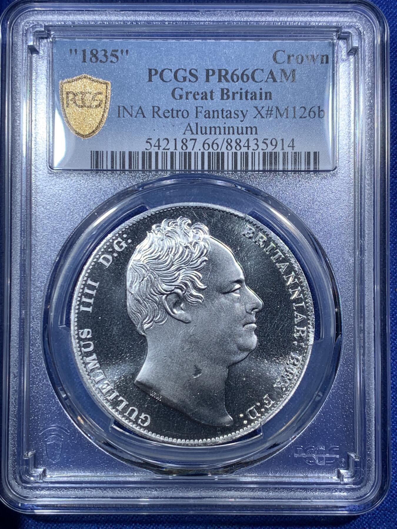 《竞宝斋》第288场-周六， 周日，周一 3场连拍 （全场包邮） PCGS金盾 PR66DCAM 英国1835年威廉四世三女神图案1克朗后铸臆造精制铝币