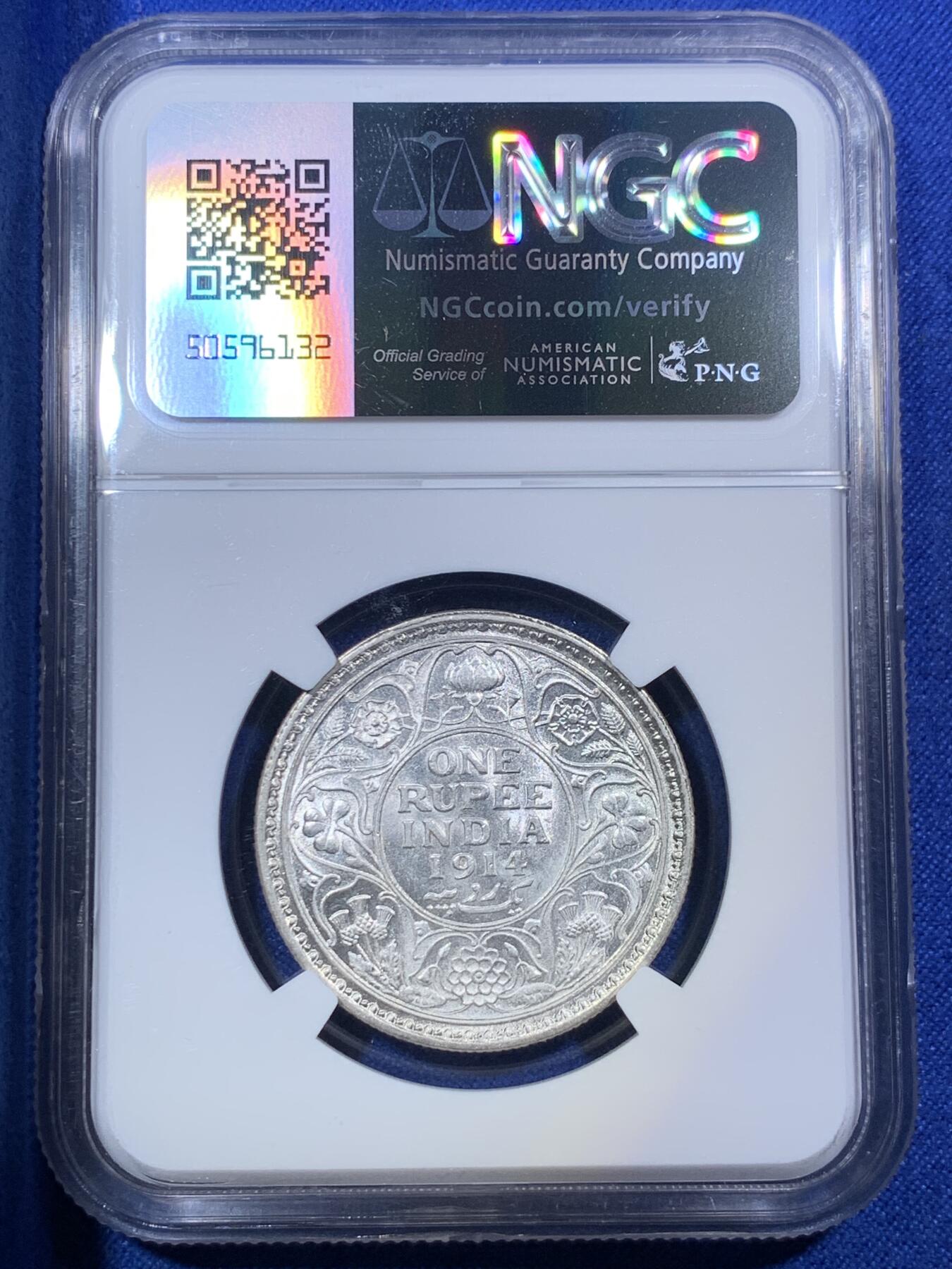 《竞宝斋》第288场-周六， 周日，周一 3场连拍 （全场包邮） NGC MS62 英属印度1914乔五卢比银币