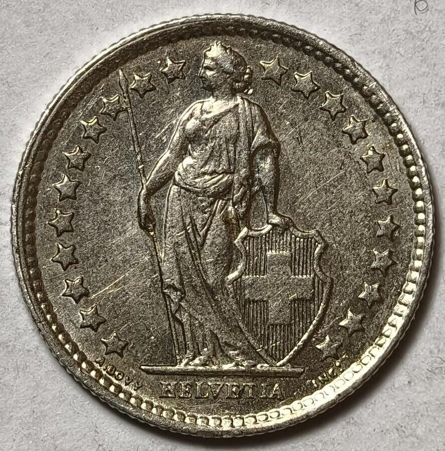 紫瑗钱币——第382期拍卖 瑞士  1960年 B版  赫尔维蒂女神 1/2法郎  2.5克 0.835银 UNC