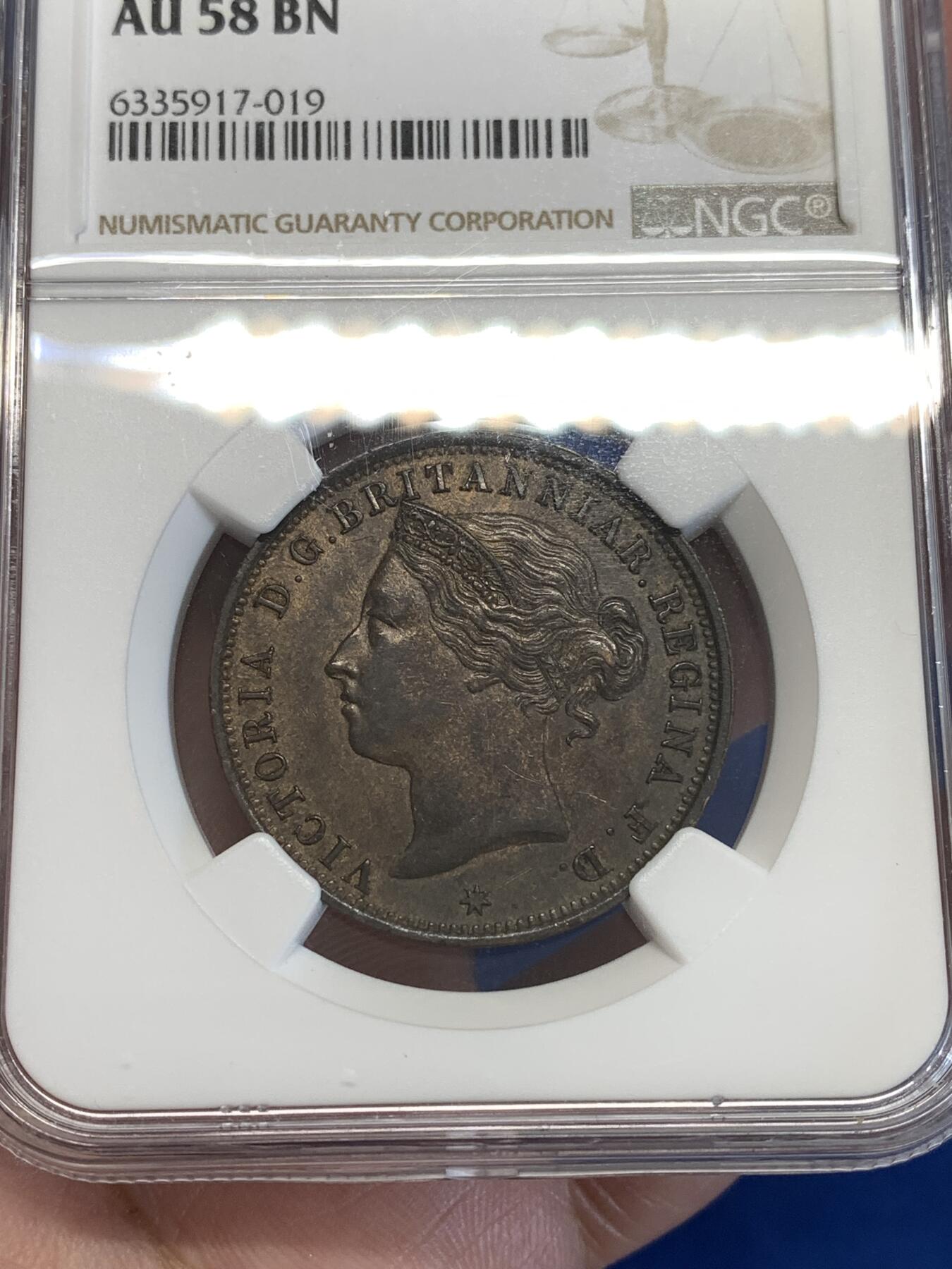 《竞宝斋》第288场-周六， 周日，周一 3场连拍 （全场包邮） NGC AU58BN 英属泽西岛1888年维多利亚女皇1/12先令铜币 状态好 更高分只有九枚