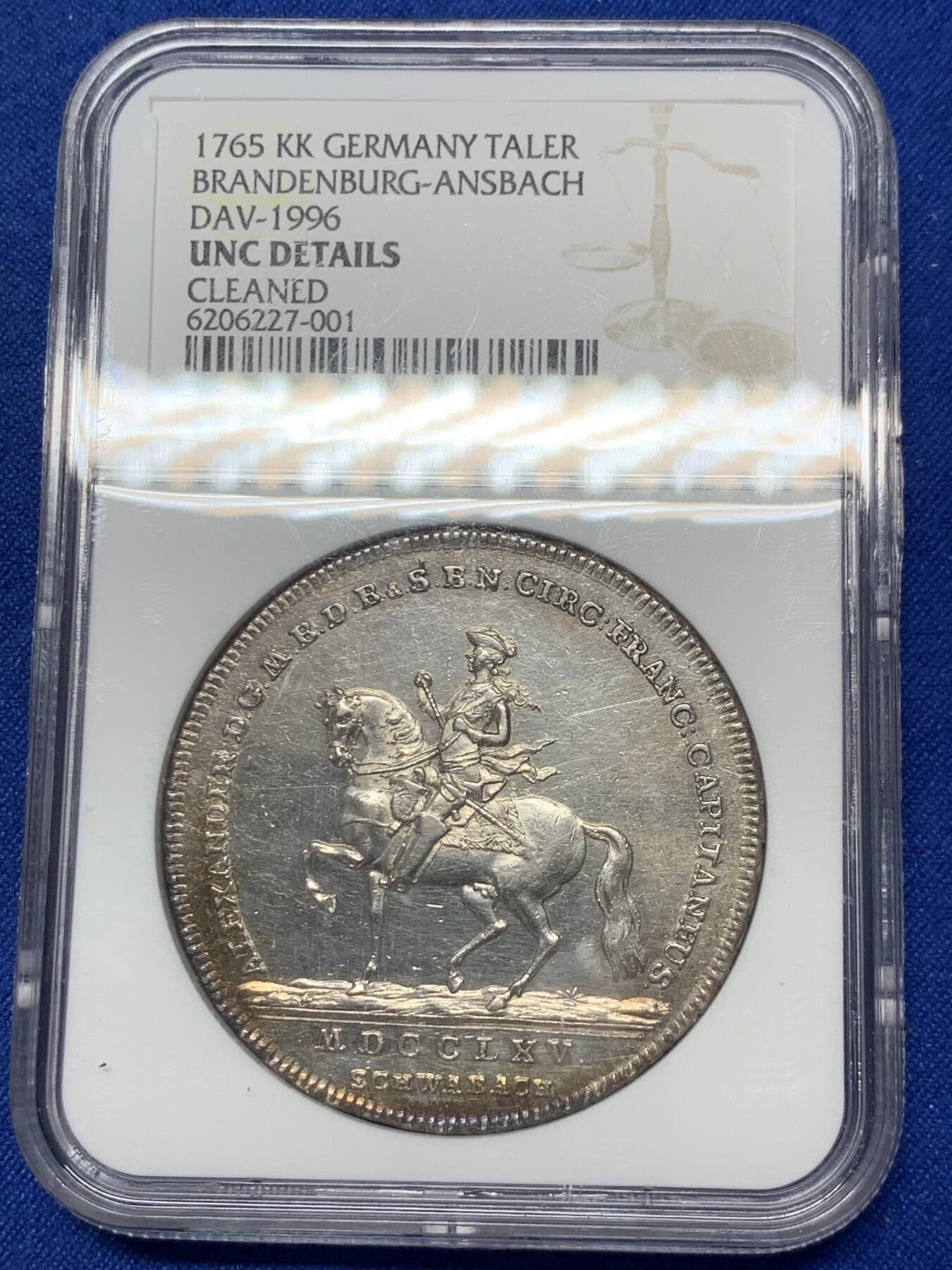 《竞宝斋》第288场-周六， 周日，周一 3场连拍 （全场包邮） NGC UNC 德国 1765年 勃兰登堡-安斯巴赫 亚历山大 1泰勒 大银币 单独年份 稀见品种